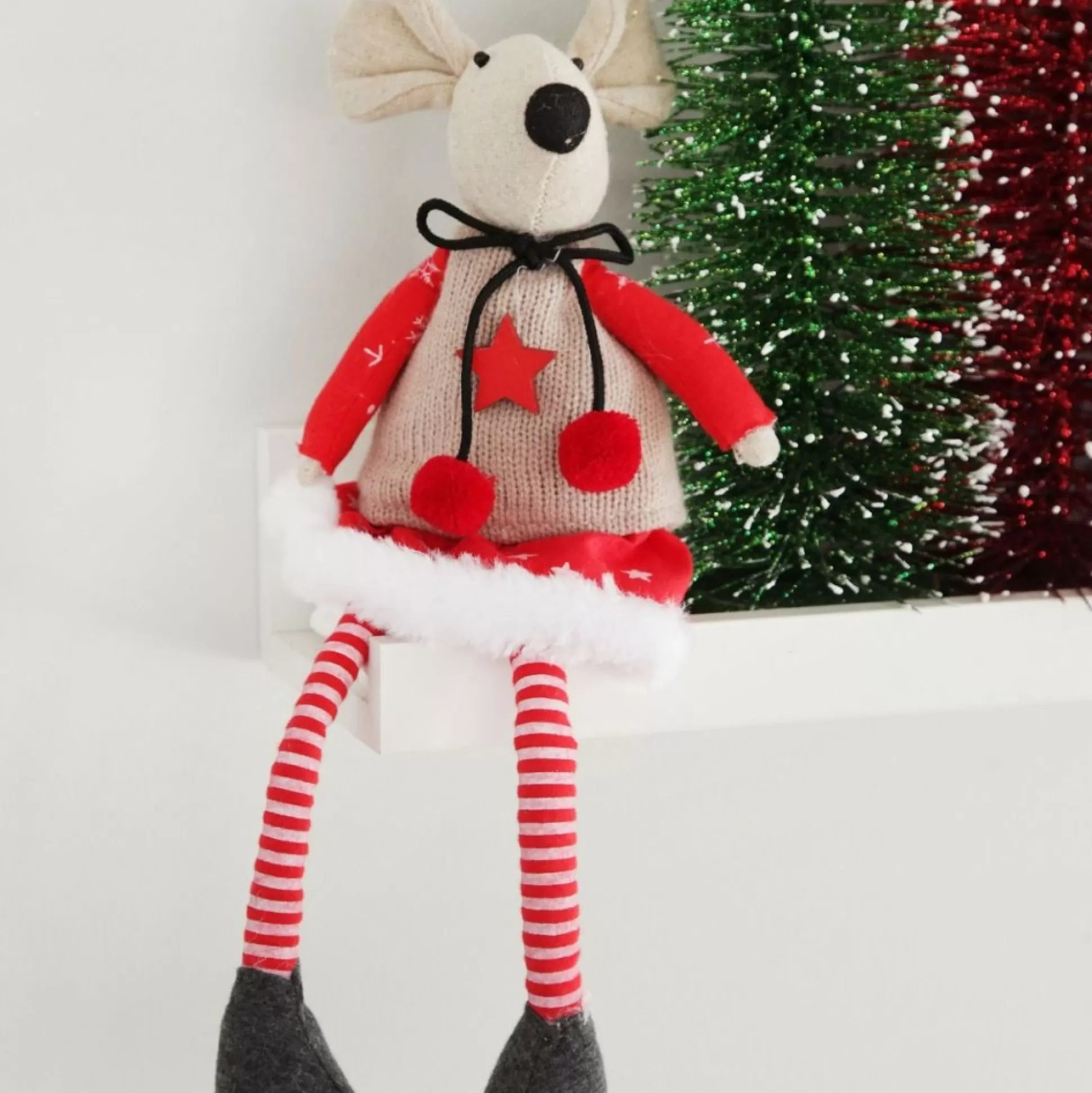 Natural Calico Fabric Girl Mouse with Red Dress and Stripey Legs Christmas Birds And Animals |