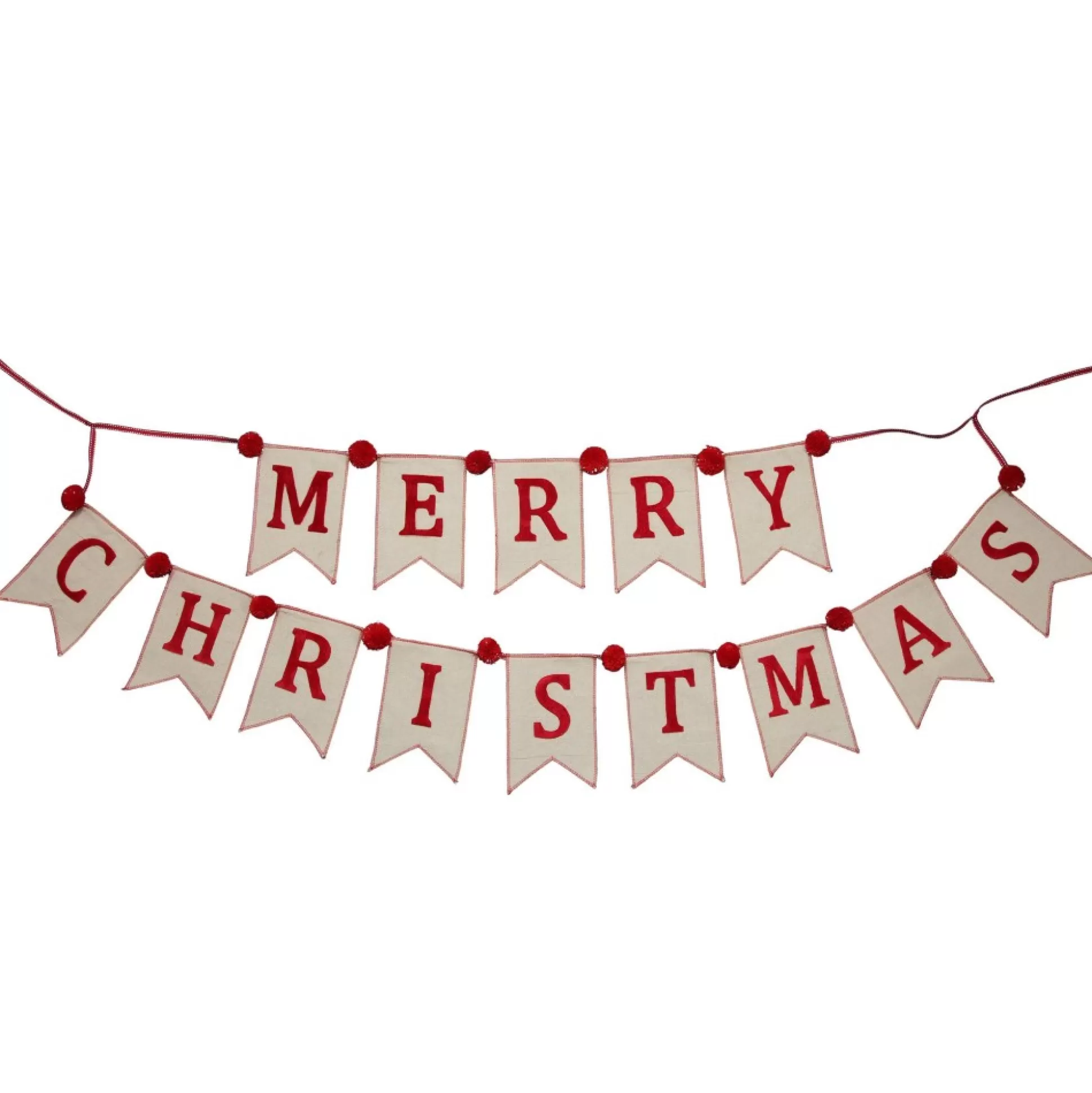 Natural Linen and Red Merry Christmas Bunting with Pom Poms Tree Garlands |