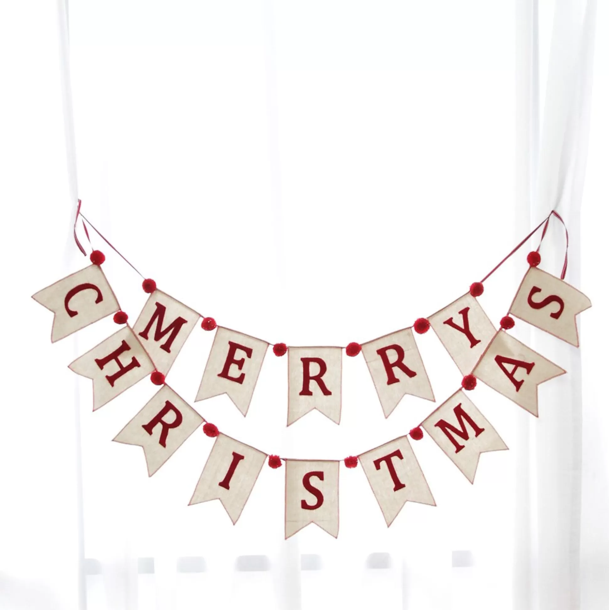 Natural Linen and Red Merry Christmas Bunting with Pom Poms Tree Garlands |