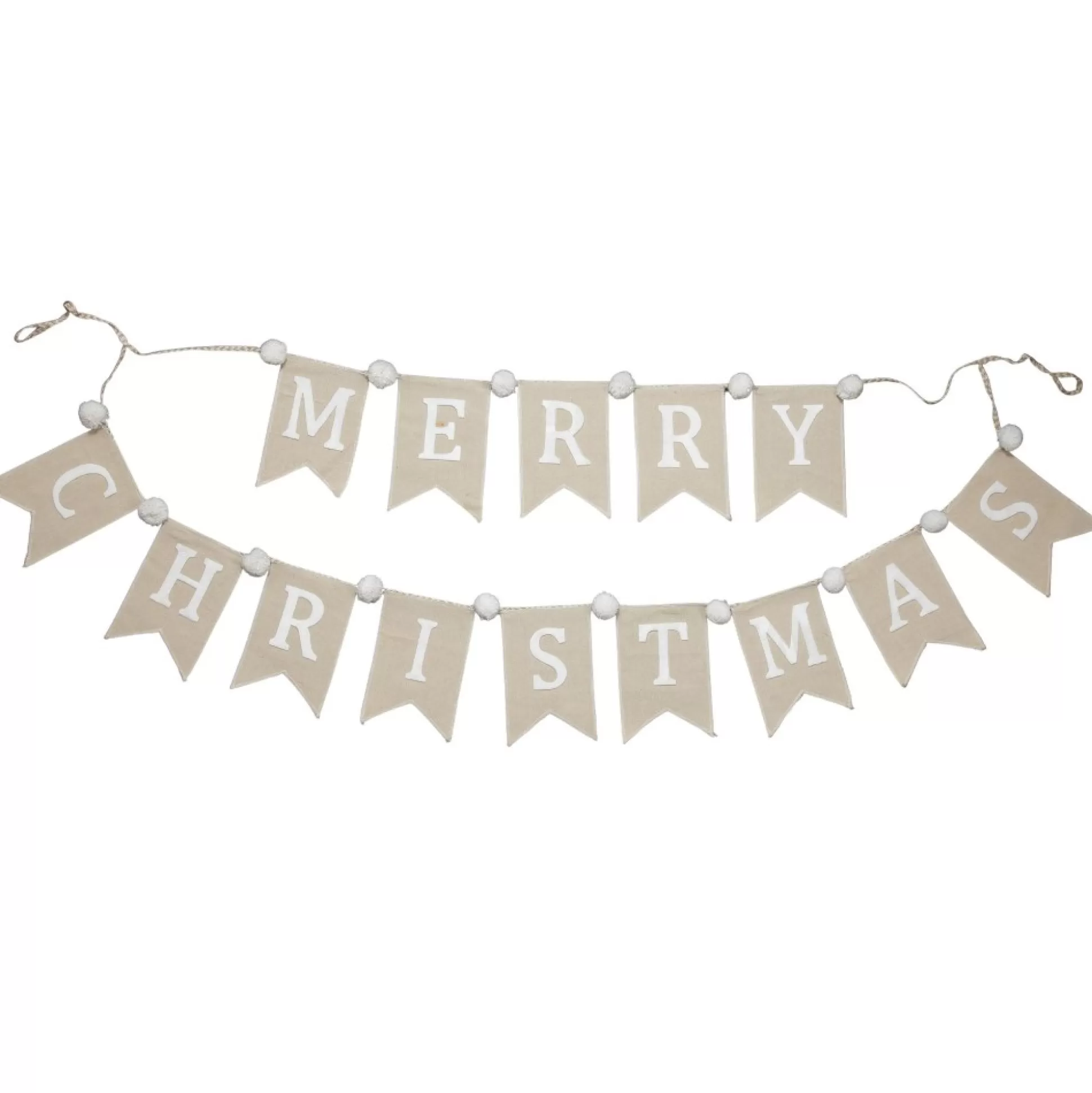 Natural Linen and White Merry Christmas Bunting with Pom Poms Tree Garlands |