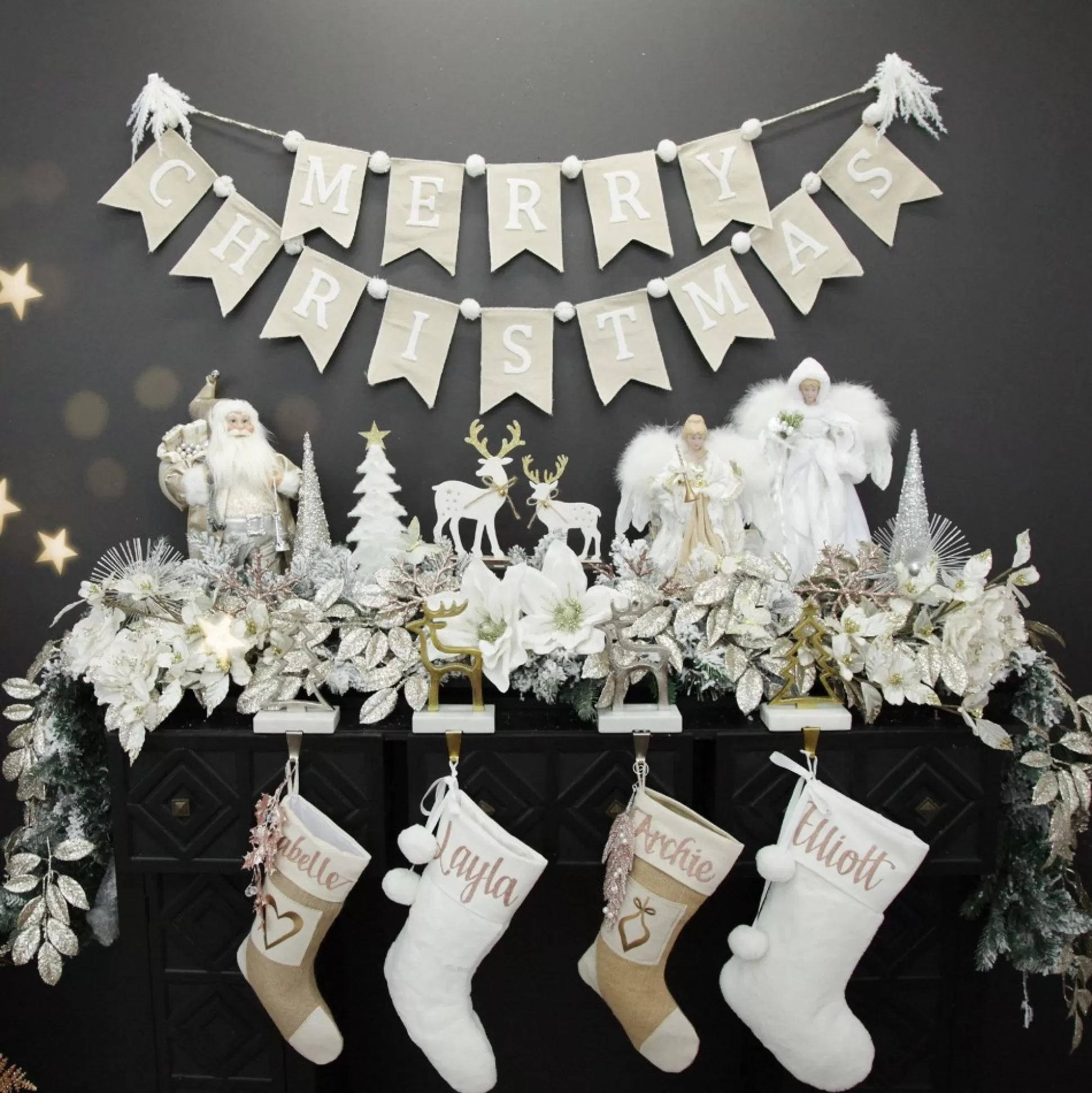 Natural Linen and White Merry Christmas Bunting with Pom Poms Tree Garlands |
