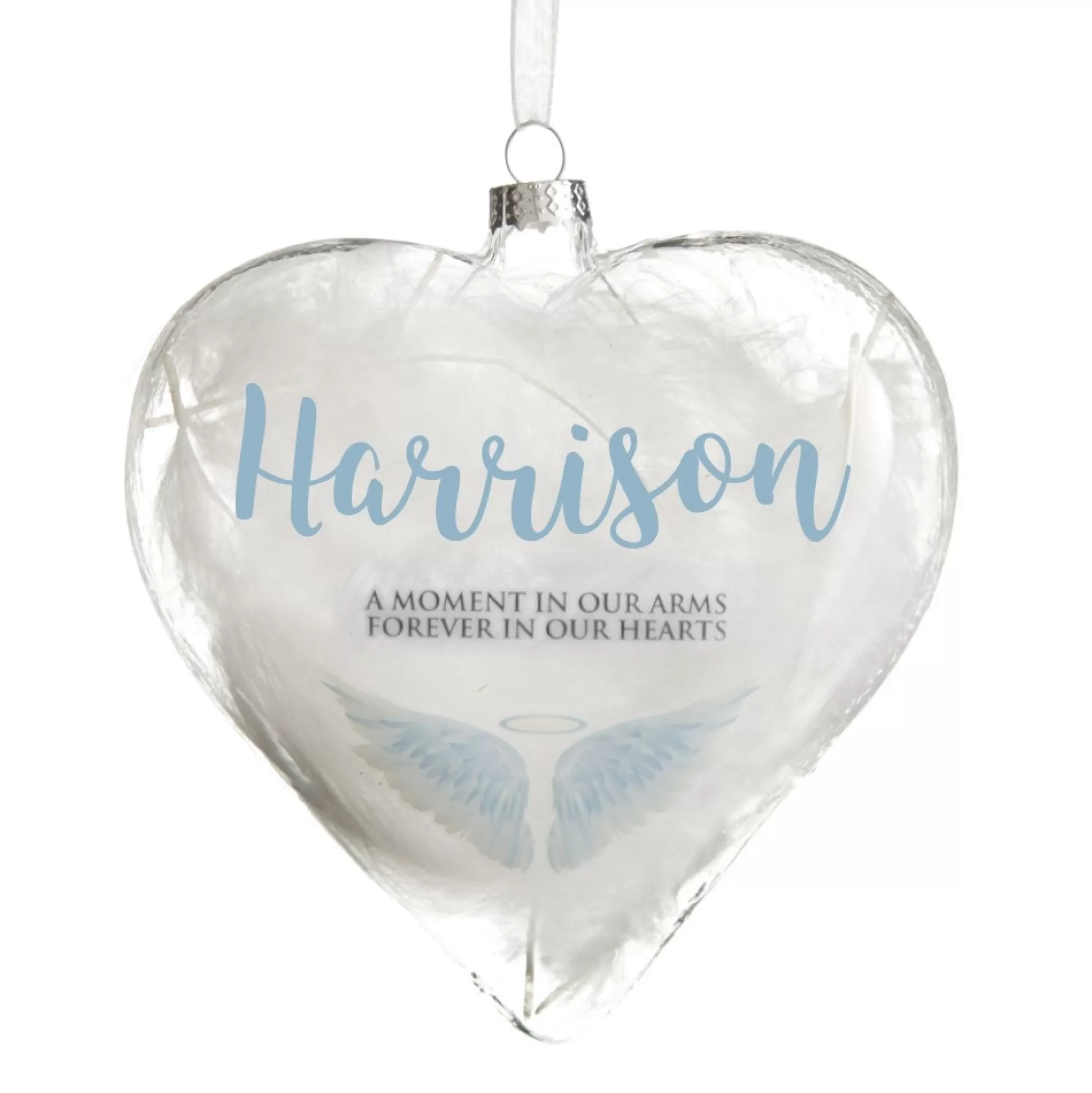 Personalised Angel Wings Feather Glass Heart Memorial Baubles |