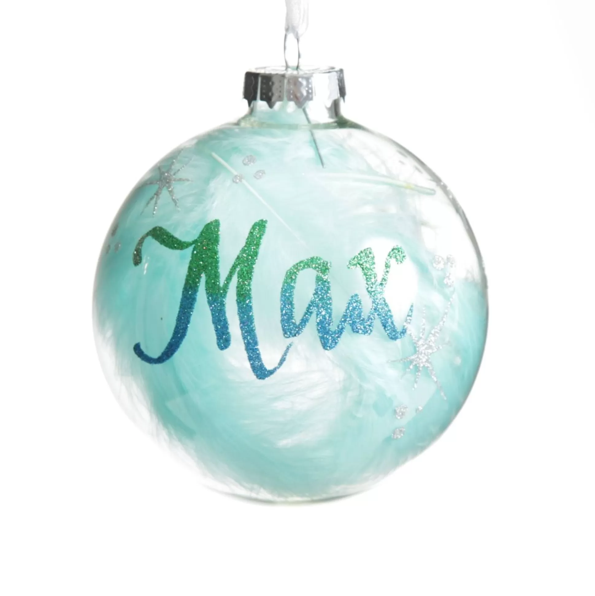 Personalised Blue Feather Clear Glass Christmas Bauble Personalised Baubles |