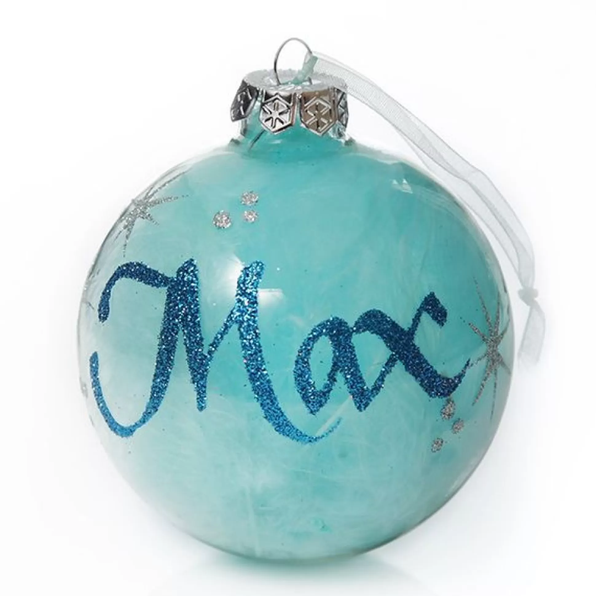 Personalised Blue Feather Clear Glass Christmas Bauble Personalised Baubles |