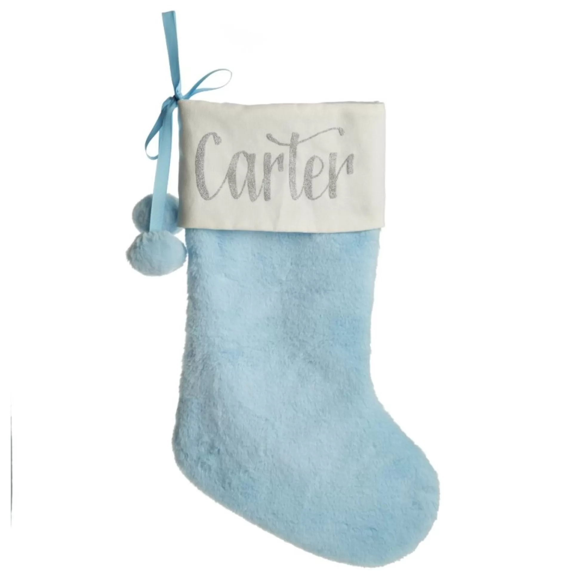 Personalised Blue Fur Christmas Stocking with Pom Poms Personalised Stockings |