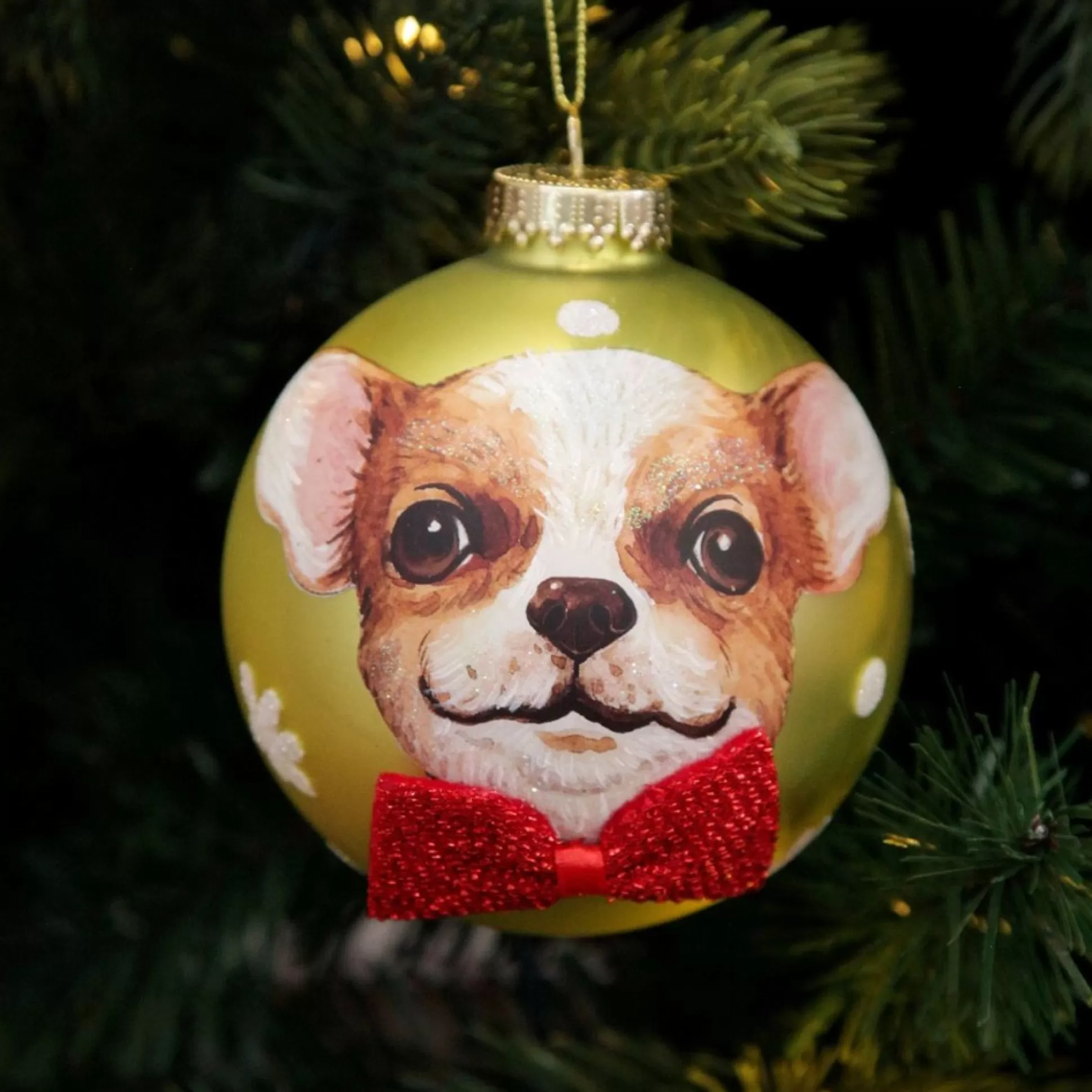 Personalised Chihuahua Dog with Red Bow Tie Lime Christmas Bauble Hand Painted Baubles |