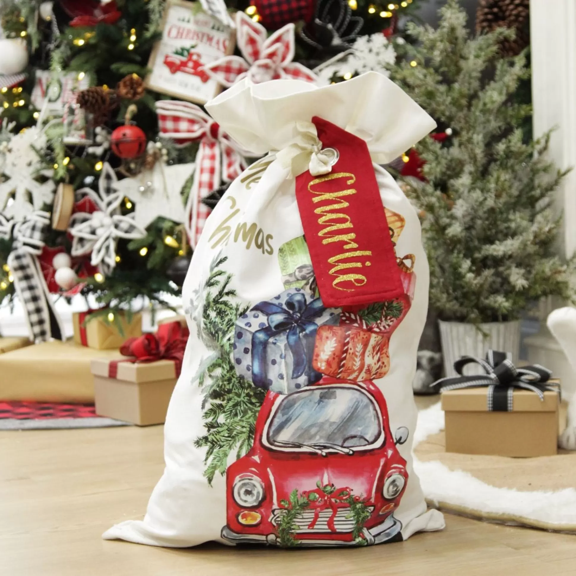 Personalised Christmas Vintage Car Santa Sack Personalised Santa Sacks |