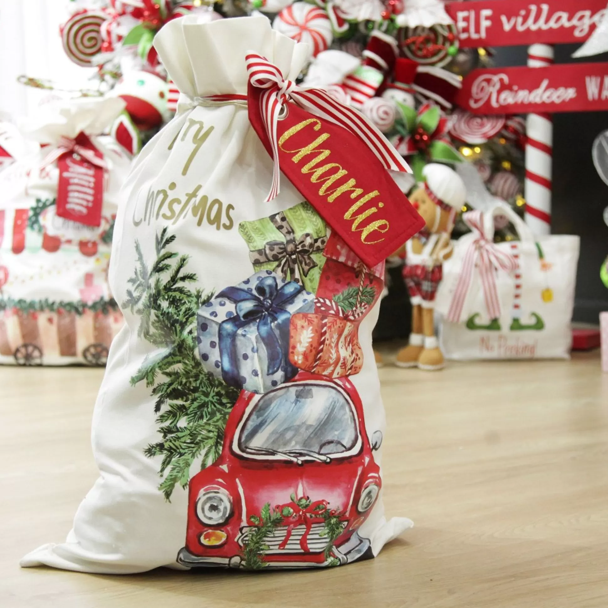 Personalised Christmas Vintage Car Santa Sack Personalised Santa Sacks |