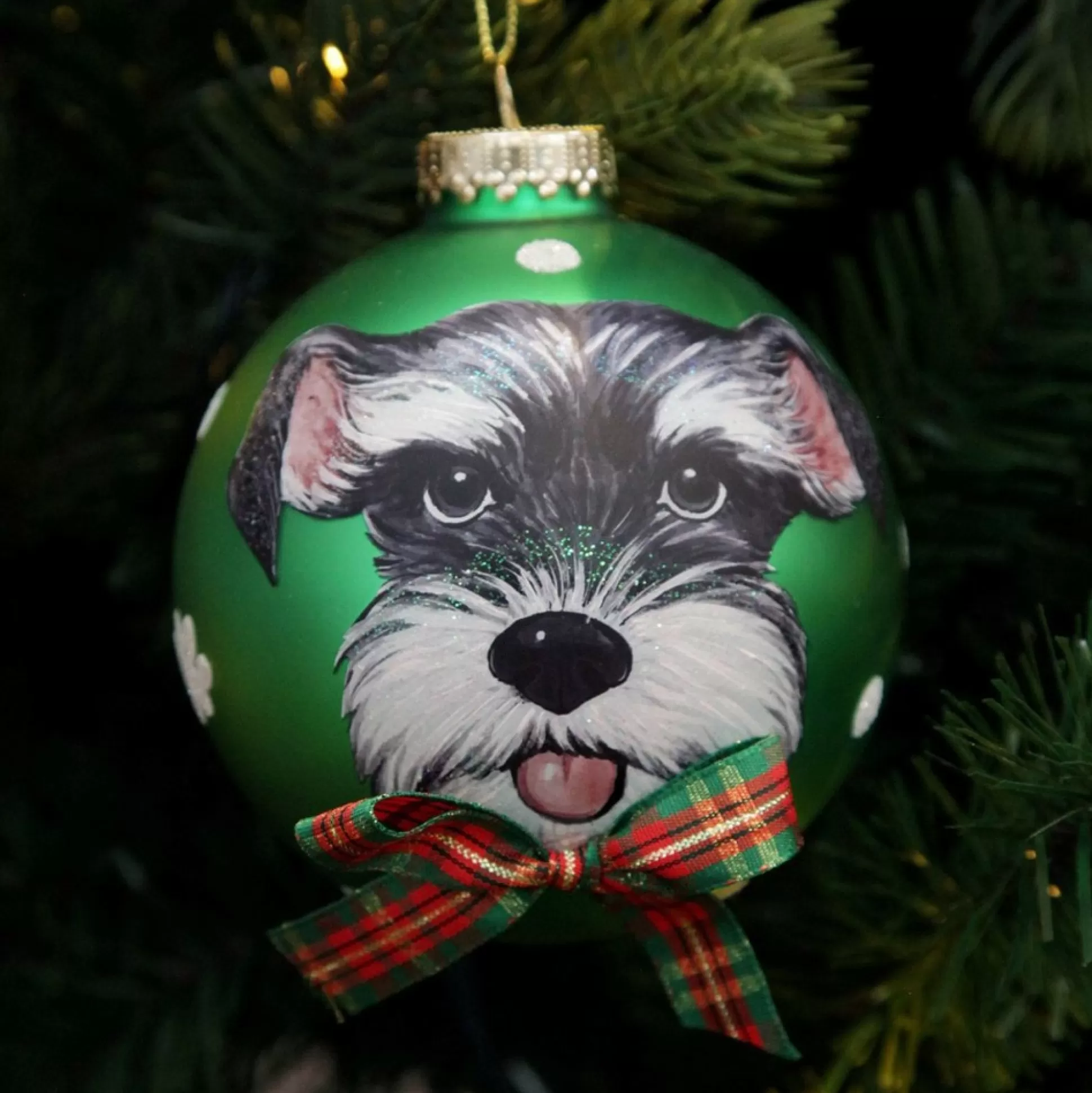 Personalised Dog with Bow Tie Green Christmas Bauble Hand Painted Baubles |