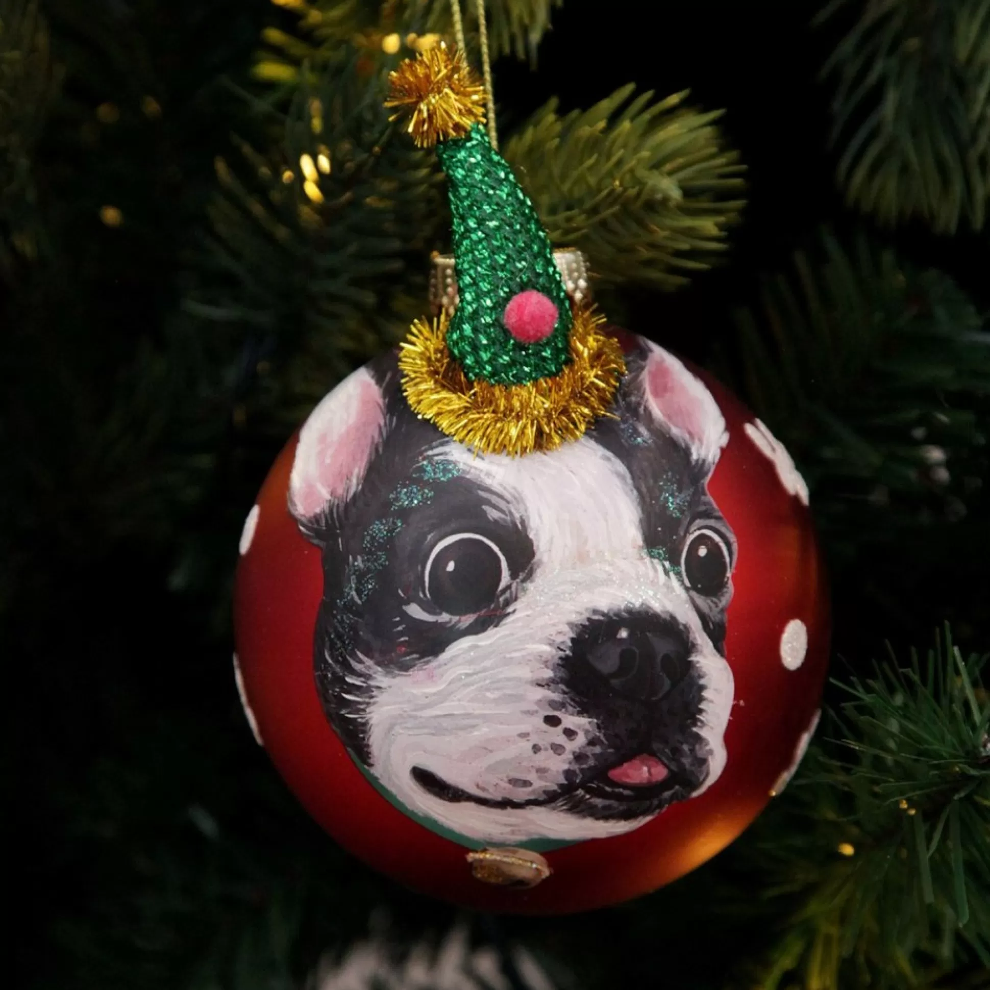 Personalised Dog with Party Hat Red Christmas Bauble Hand Painted Baubles |