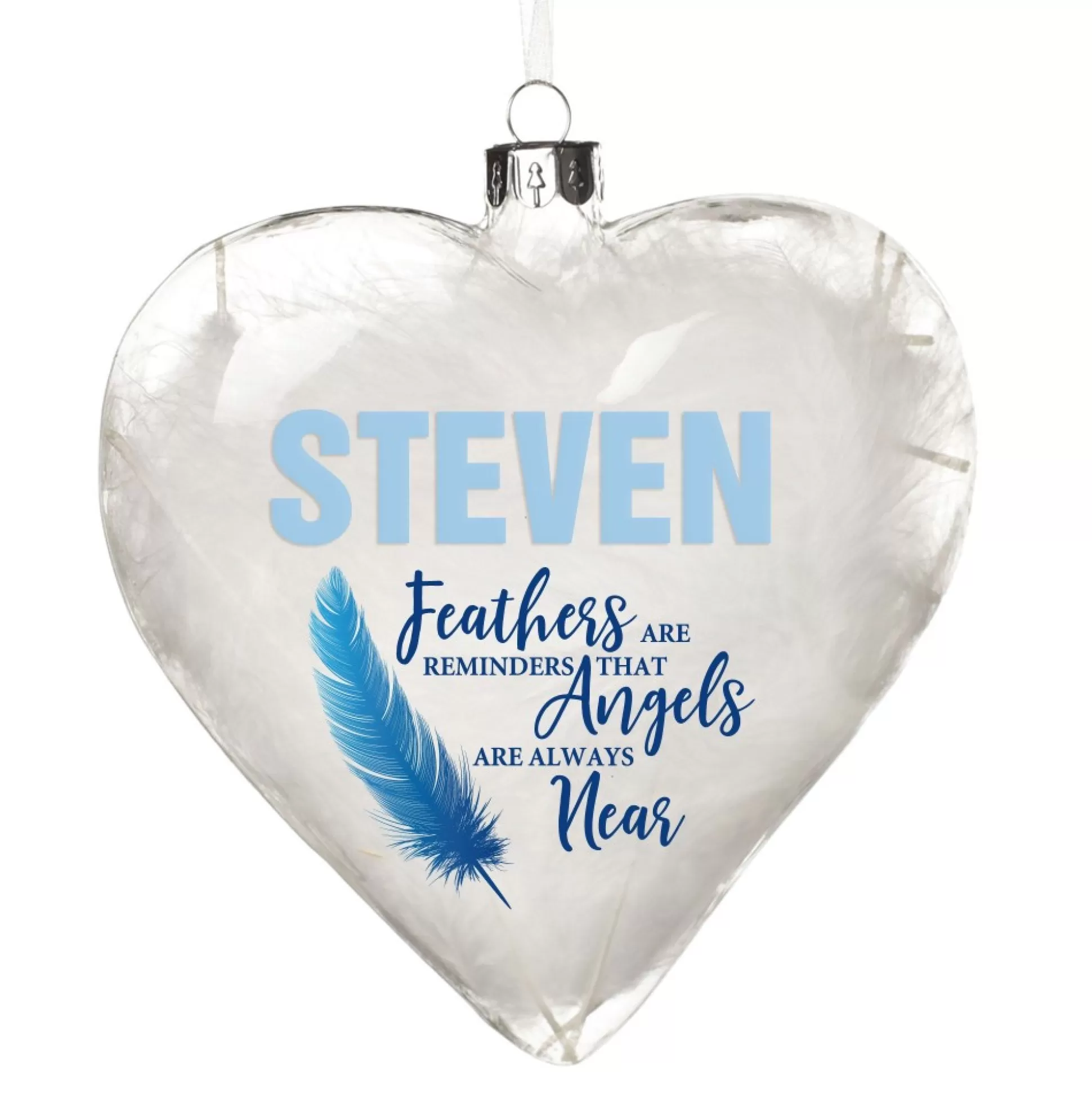 Personalised Feather Glass Heart - Feathers are Reminders - Blue Memorial Baubles |