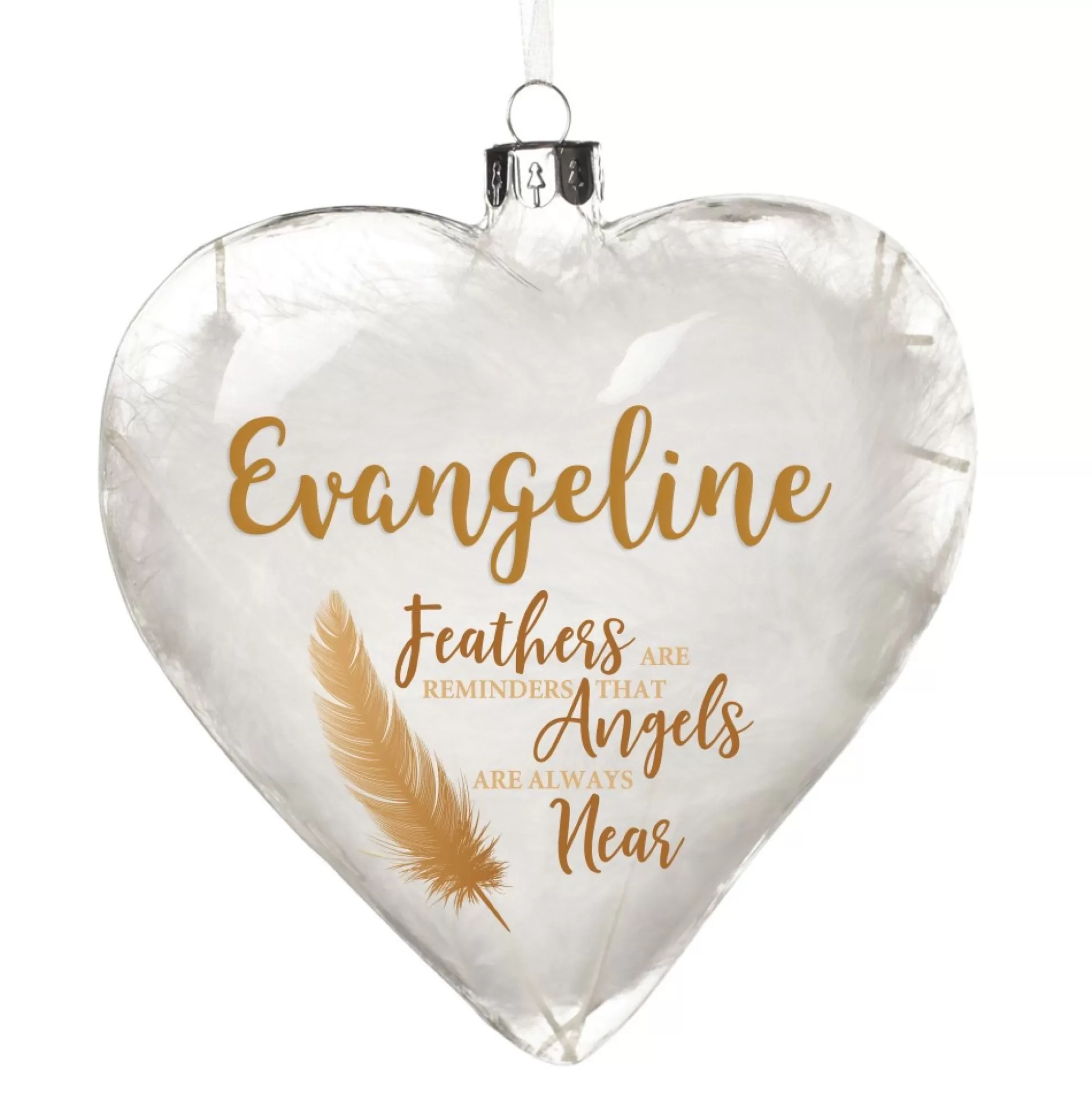 Personalised Feather Glass Heart - Feathers are Reminders - Gold Memorial Baubles |