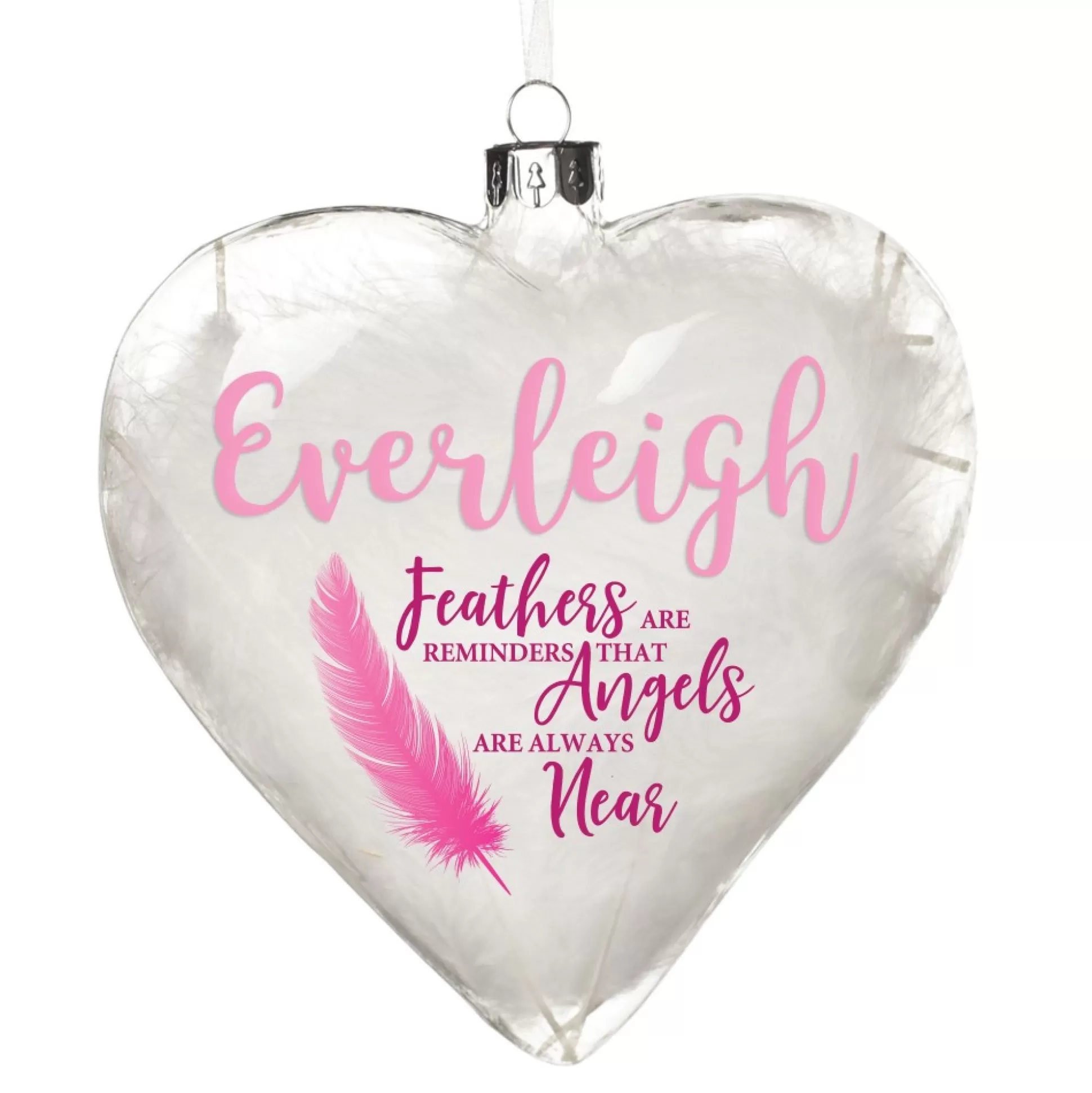 Personalised Feather Glass Heart - Feathers are Reminders - Pink Memorial Baubles |