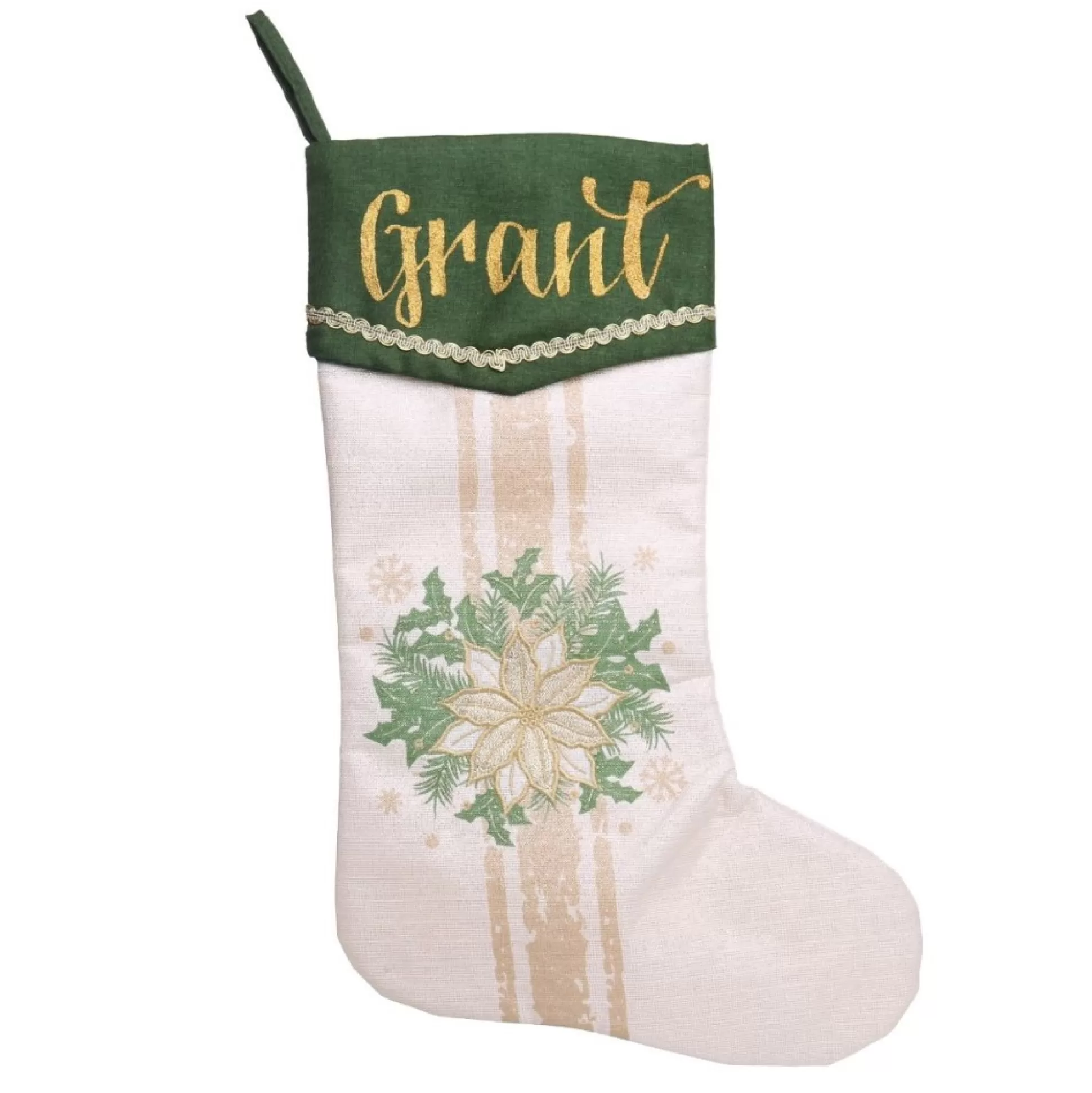 Personalised Green and Gold Poinsettia Christmas Stocking Personalised Stockings |