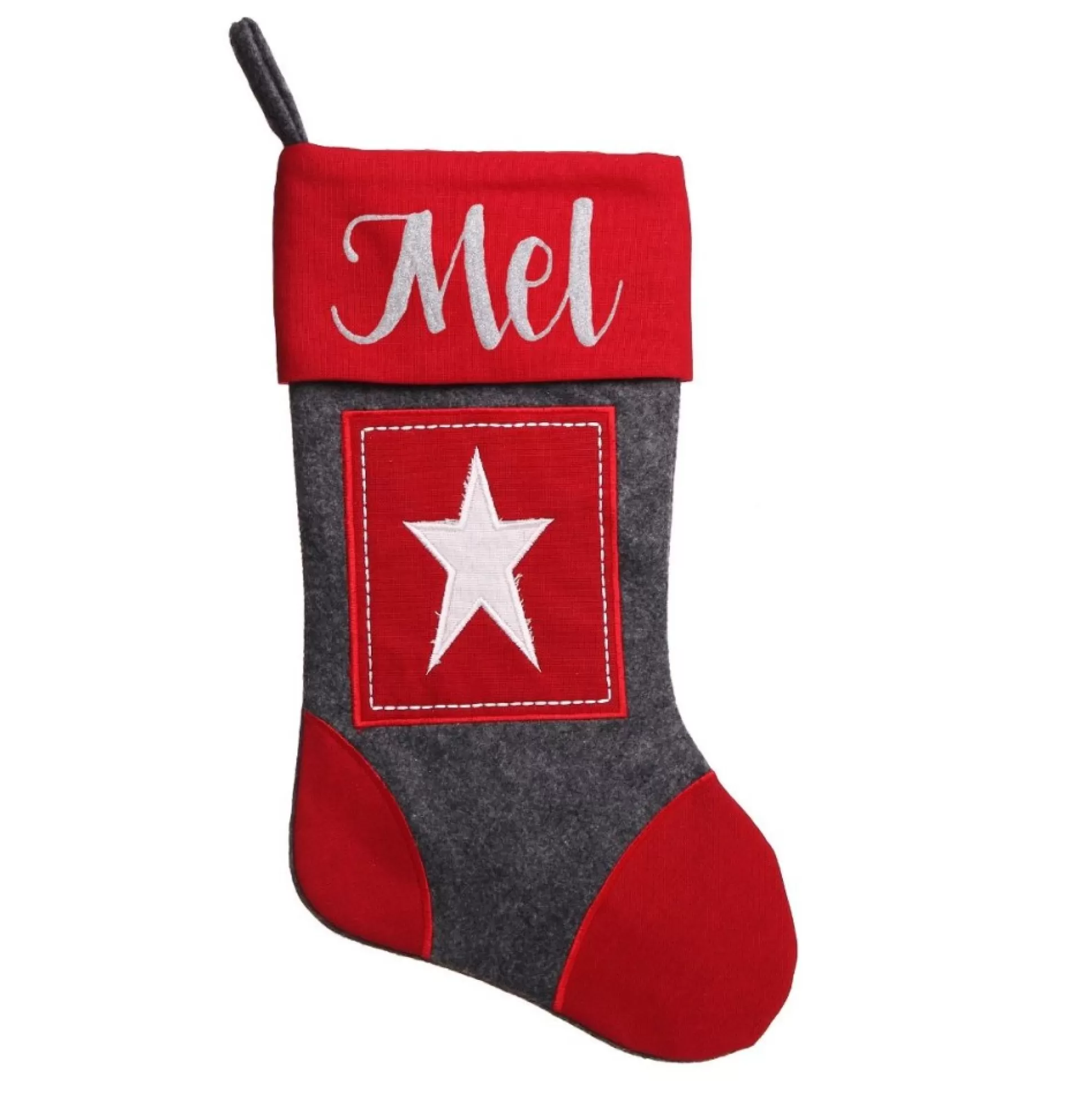 Personalised Grey & Red Star Felt Christmas Stocking Personalised Stockings |