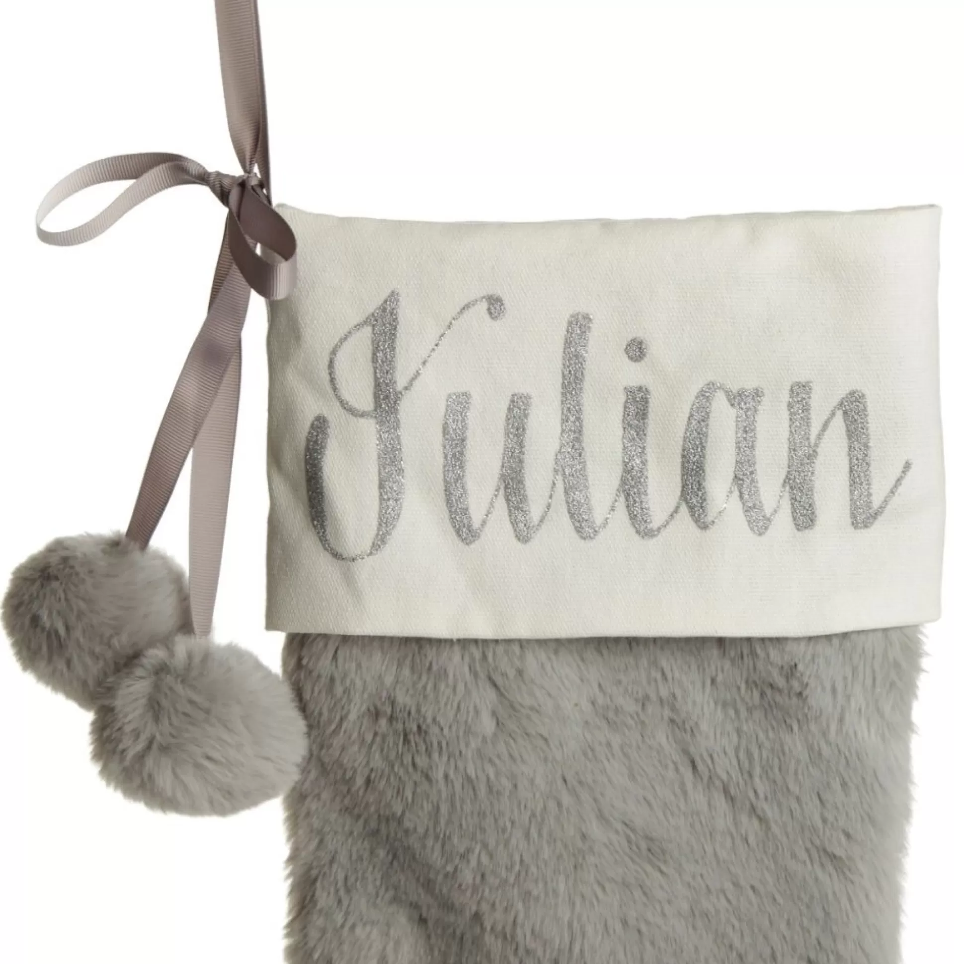 Personalised Grey Fur Christmas Stocking with Pom Poms Personalised Stockings |