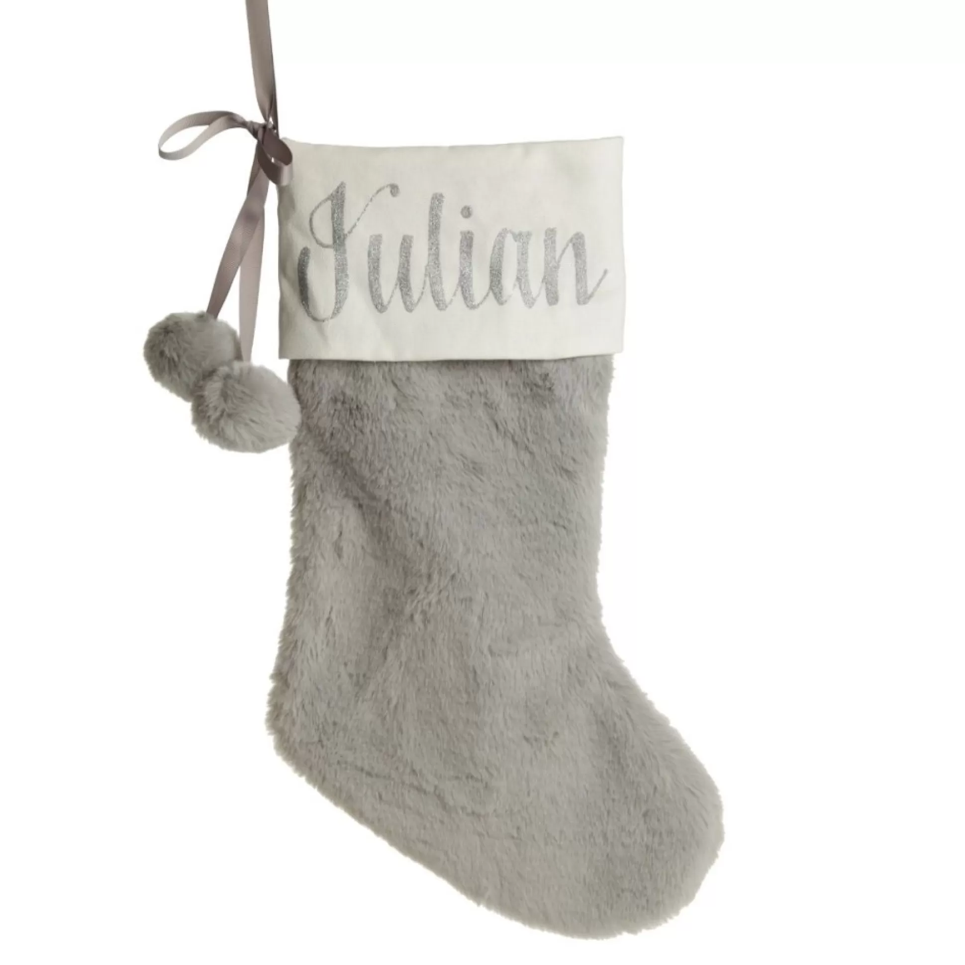 Personalised Grey Fur Christmas Stocking with Pom Poms Personalised Stockings |