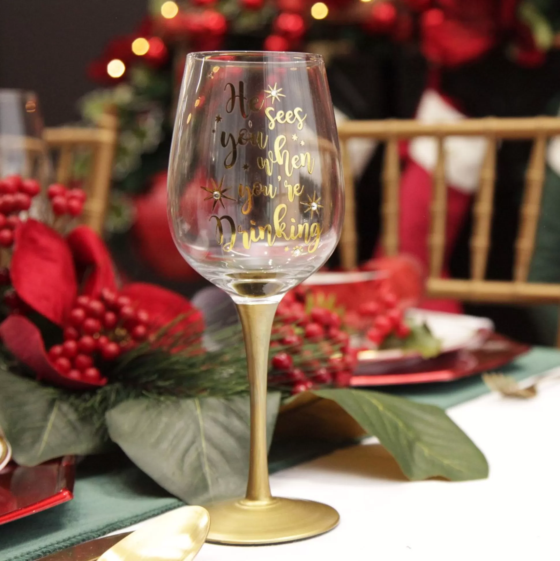Personalised 'He Sees you When You're Drinking' Wine Glass - Gold Stem Christmas Wine Glasses And Mugs |