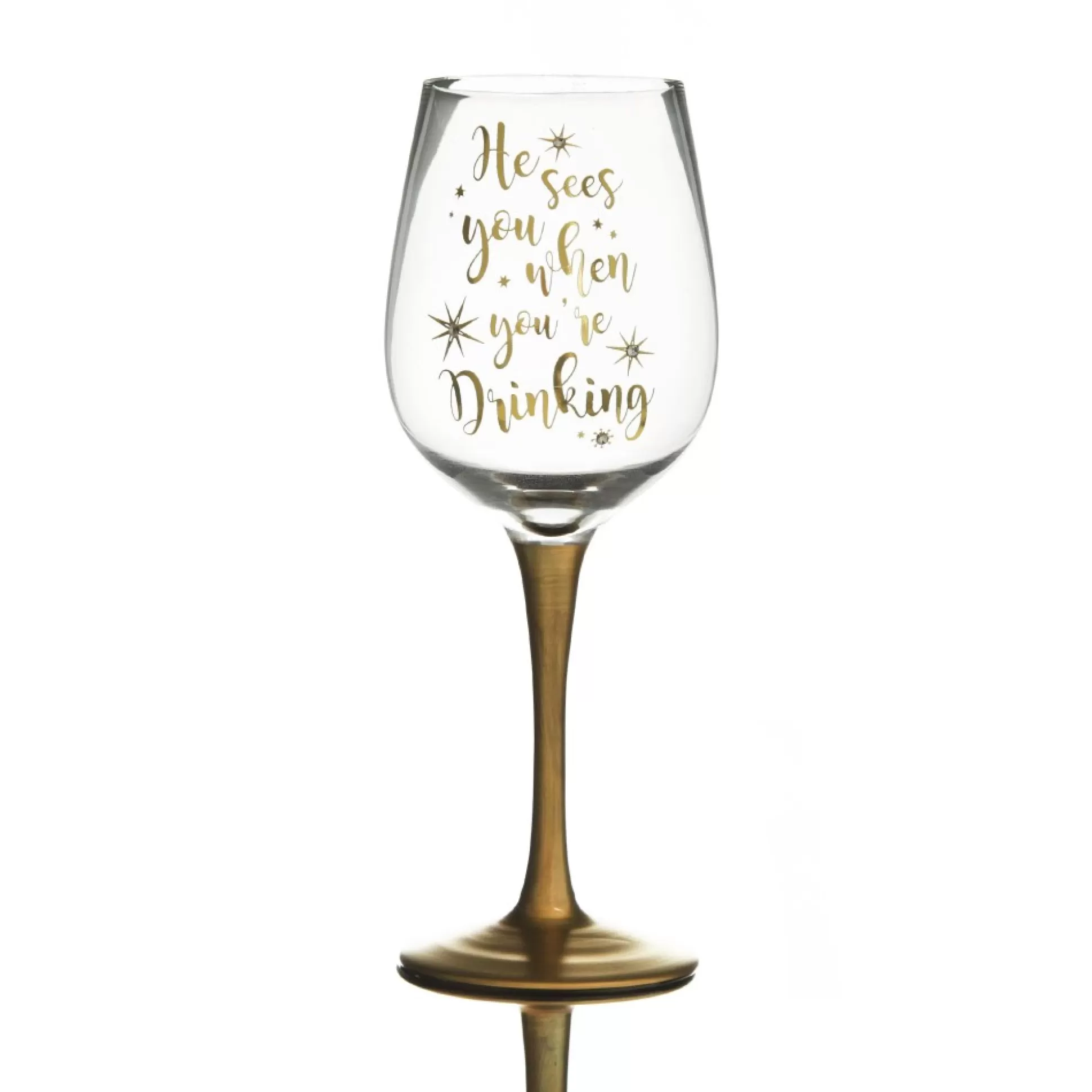 Personalised 'He Sees you When You're Drinking' Wine Glass - Gold Stem Christmas Wine Glasses And Mugs |