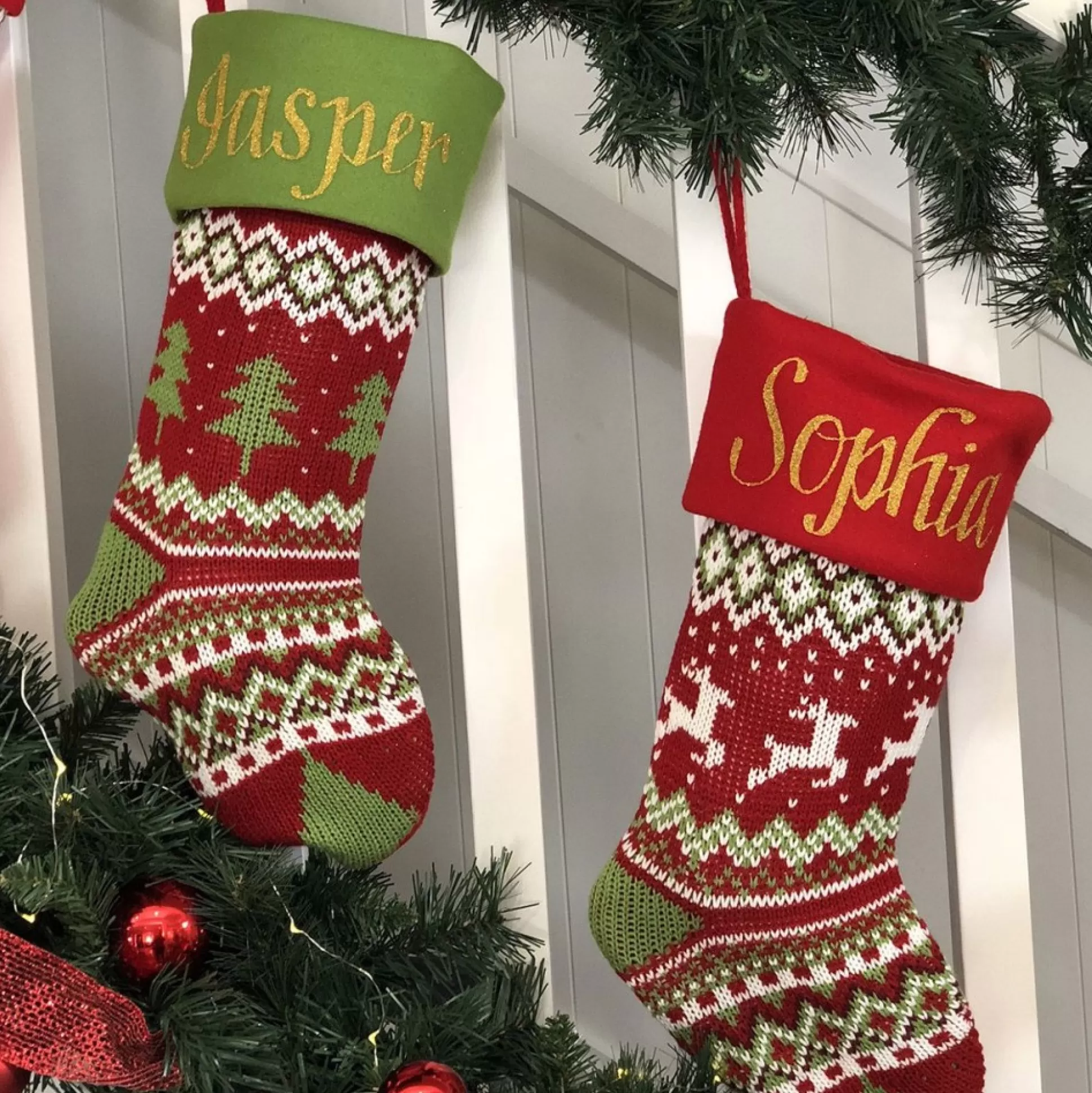 Personalised Knitted Tree Christmas Stocking - Green Cuff Personalised Stockings |