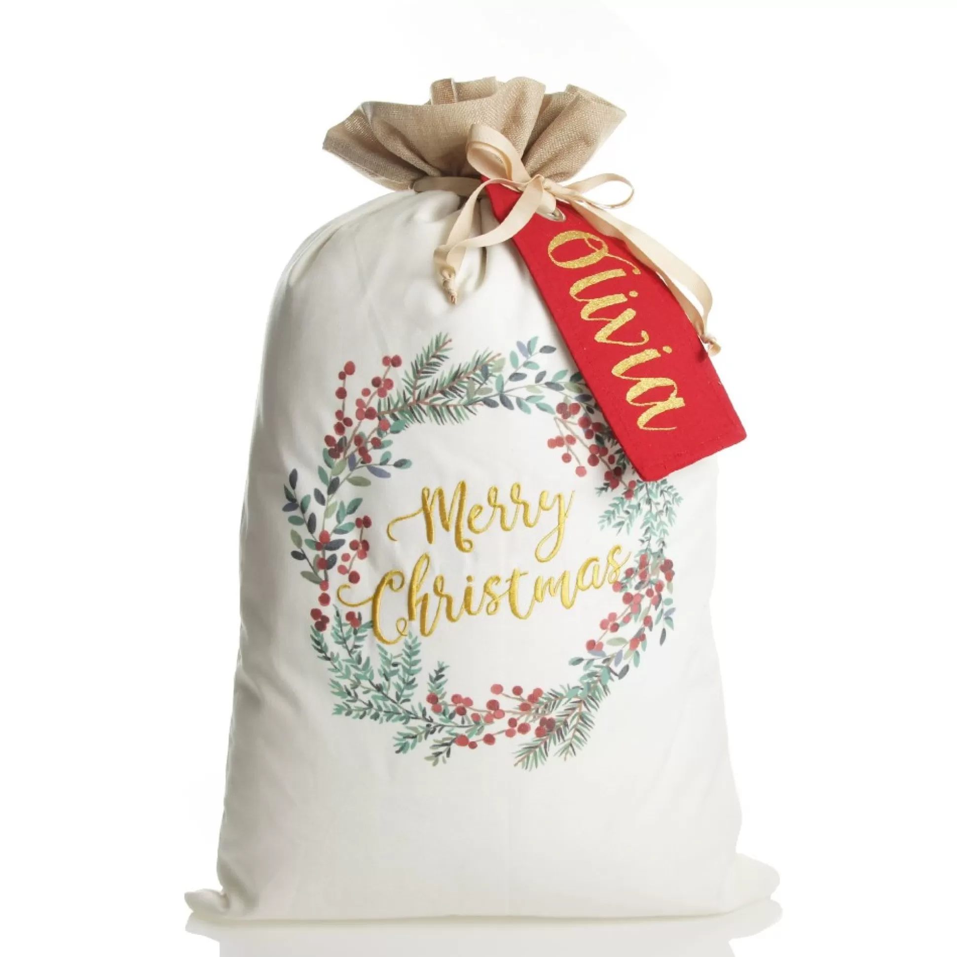 Personalised Merry Christmas Wreath Santa Sack Personalised Santa Sacks |