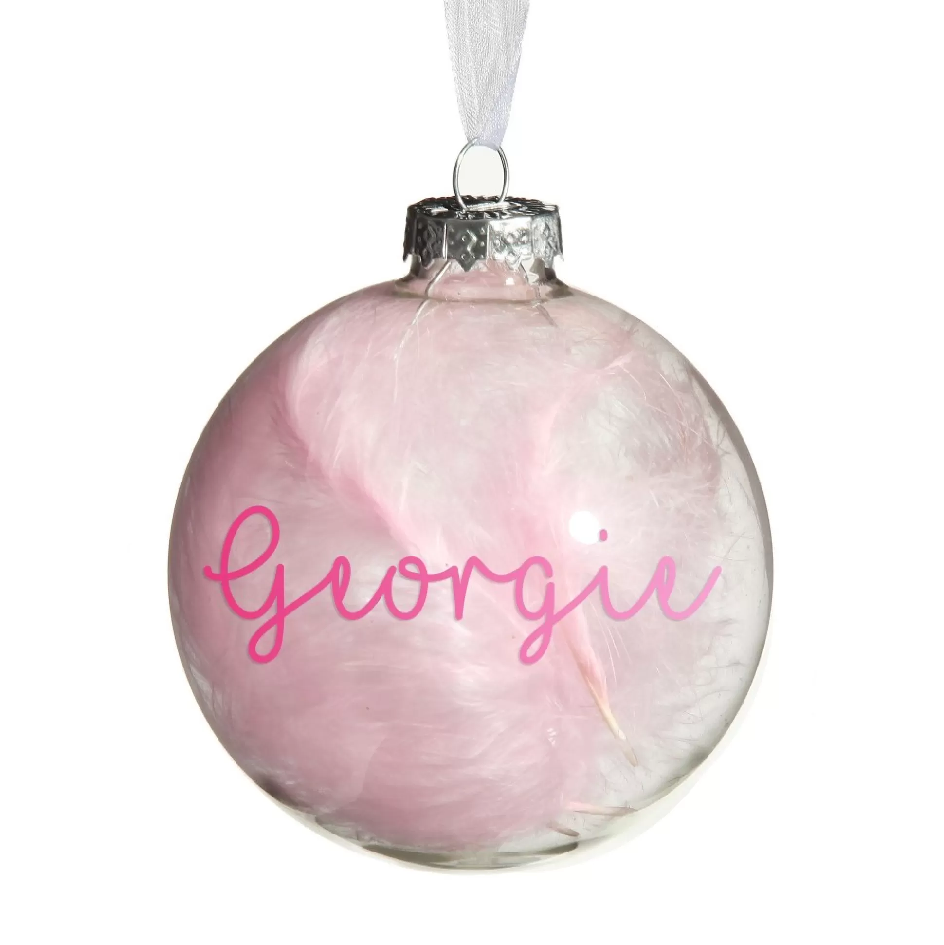 Personalised Pink Feather Clear Glass Christmas Bauble Personalised Baubles |