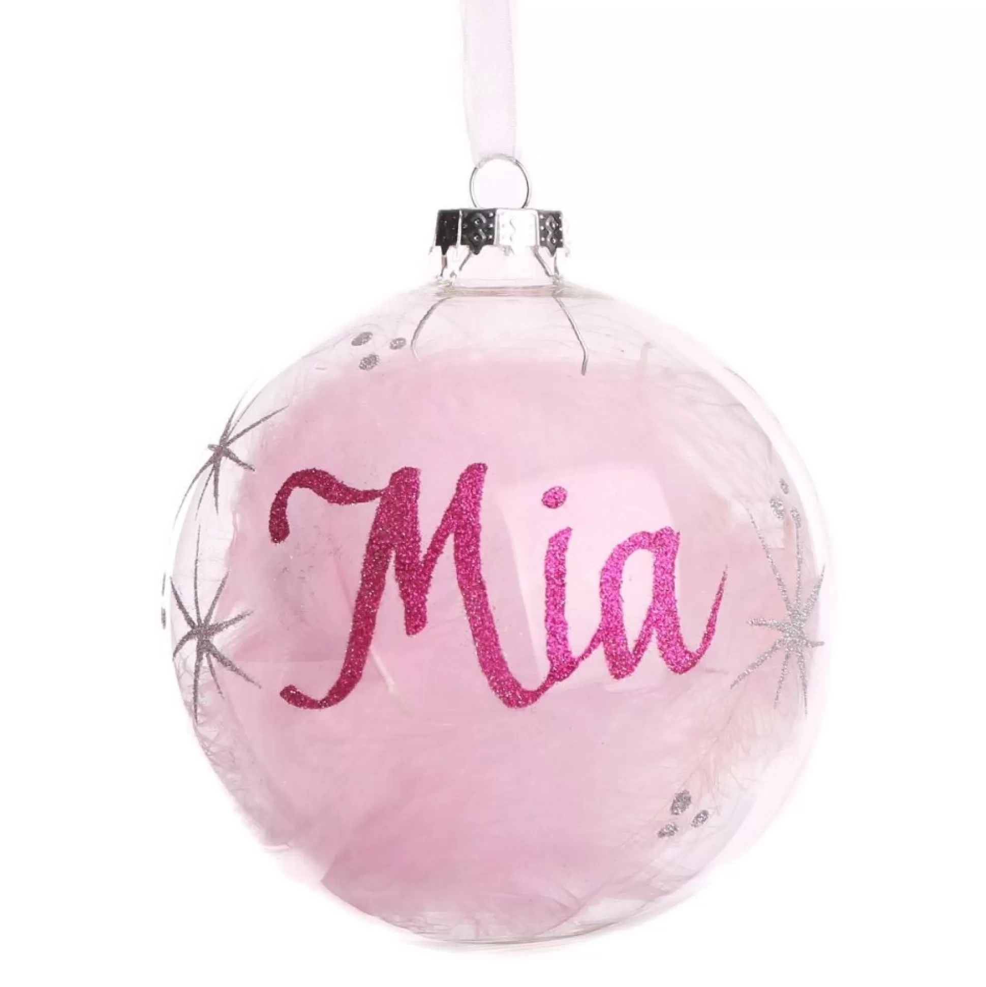 Personalised Pink Feather Clear Glass Christmas Bauble Personalised Baubles |