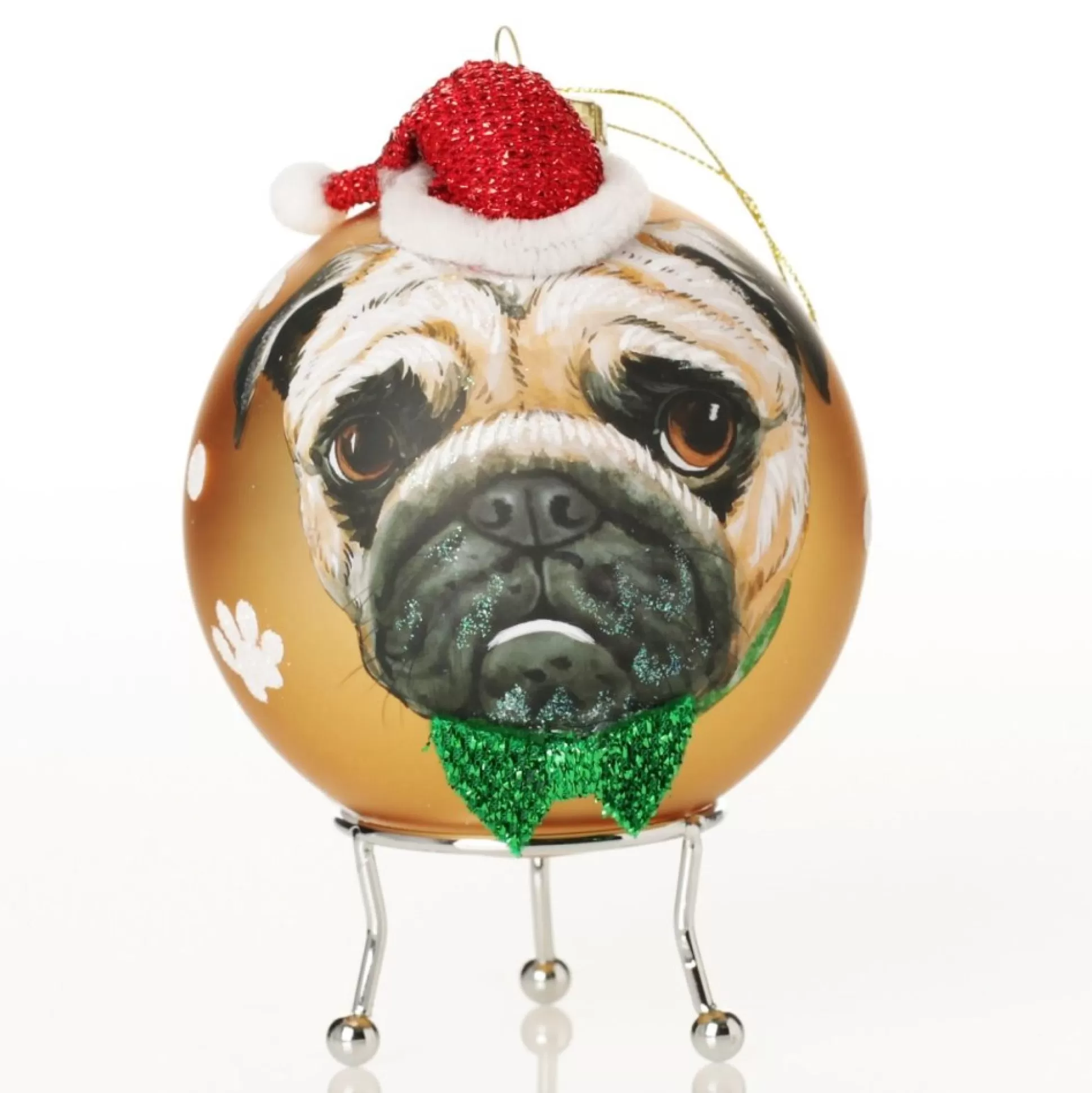 Personalised Pug Dog with Santa Hat Gold Christmas Bauble Hand Painted Baubles |