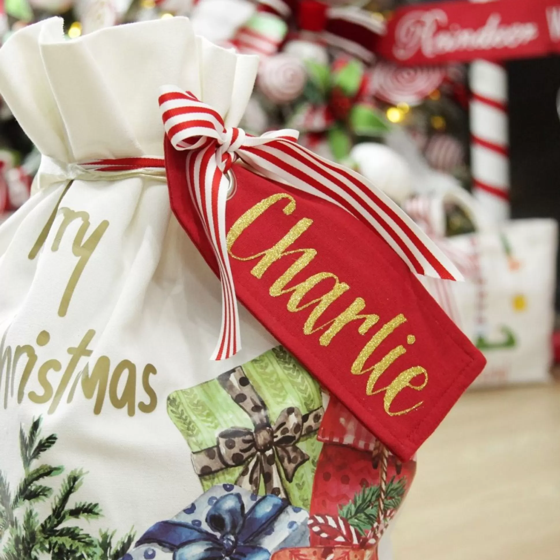 Personalised Red Linen Santa Sack Tag Personalised Santa Sacks |