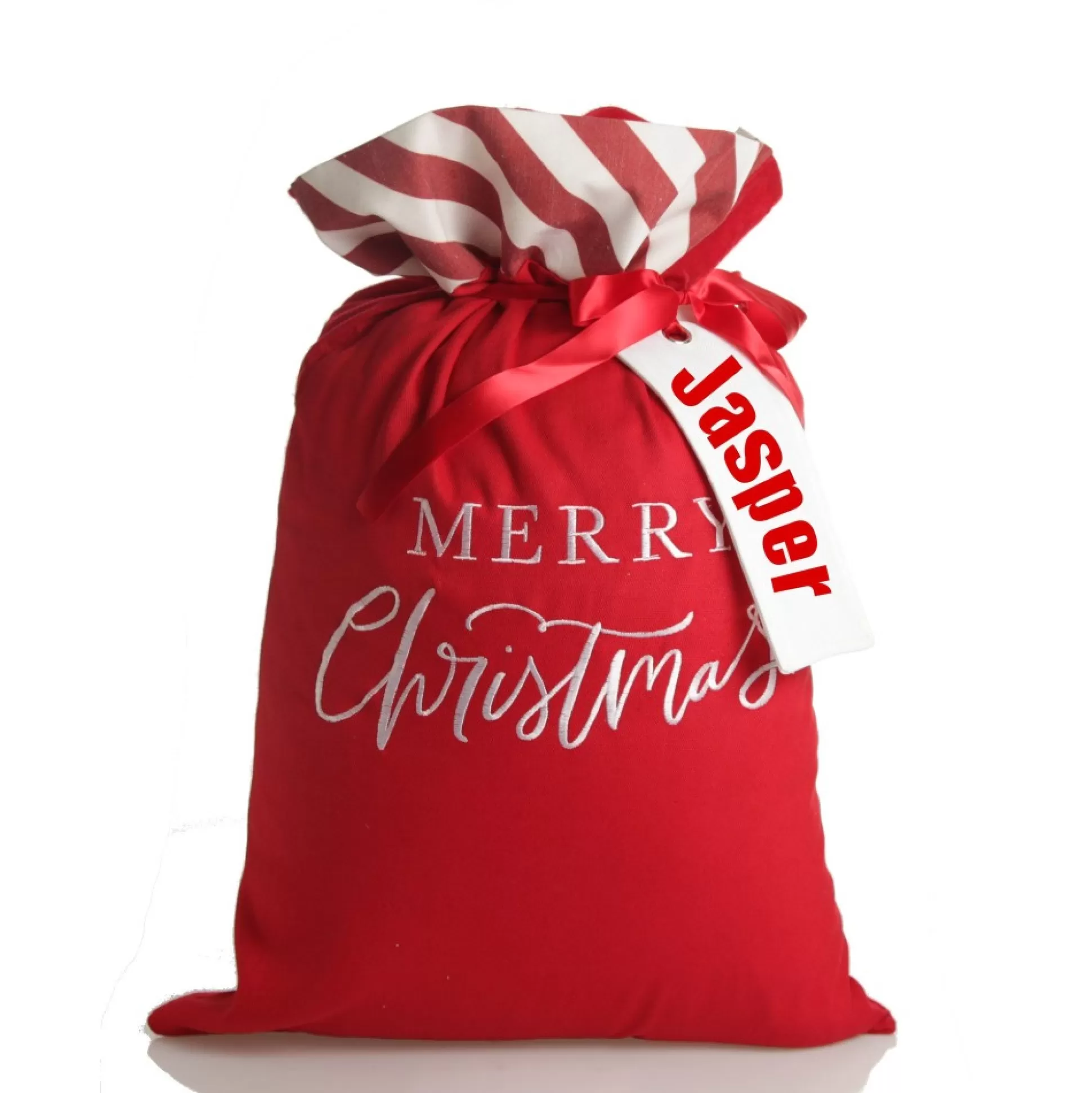 Personalised Red Merry Christmas Santa Sack with Candy Cane Stripe Trim Personalised Santa Sacks |
