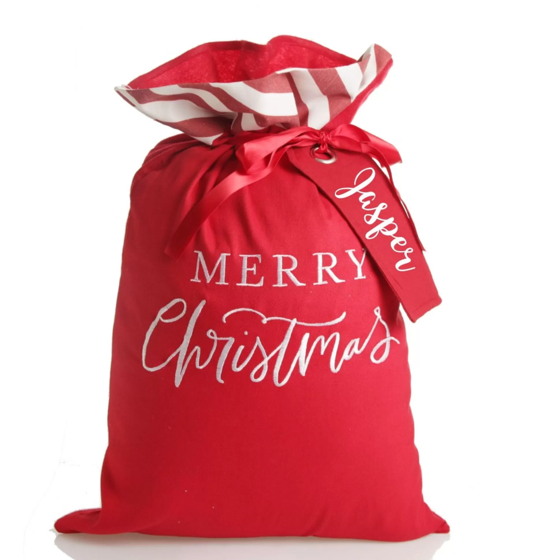 Personalised Red Merry Christmas Santa Sack with Candy Cane Stripe Trim Personalised Santa Sacks |