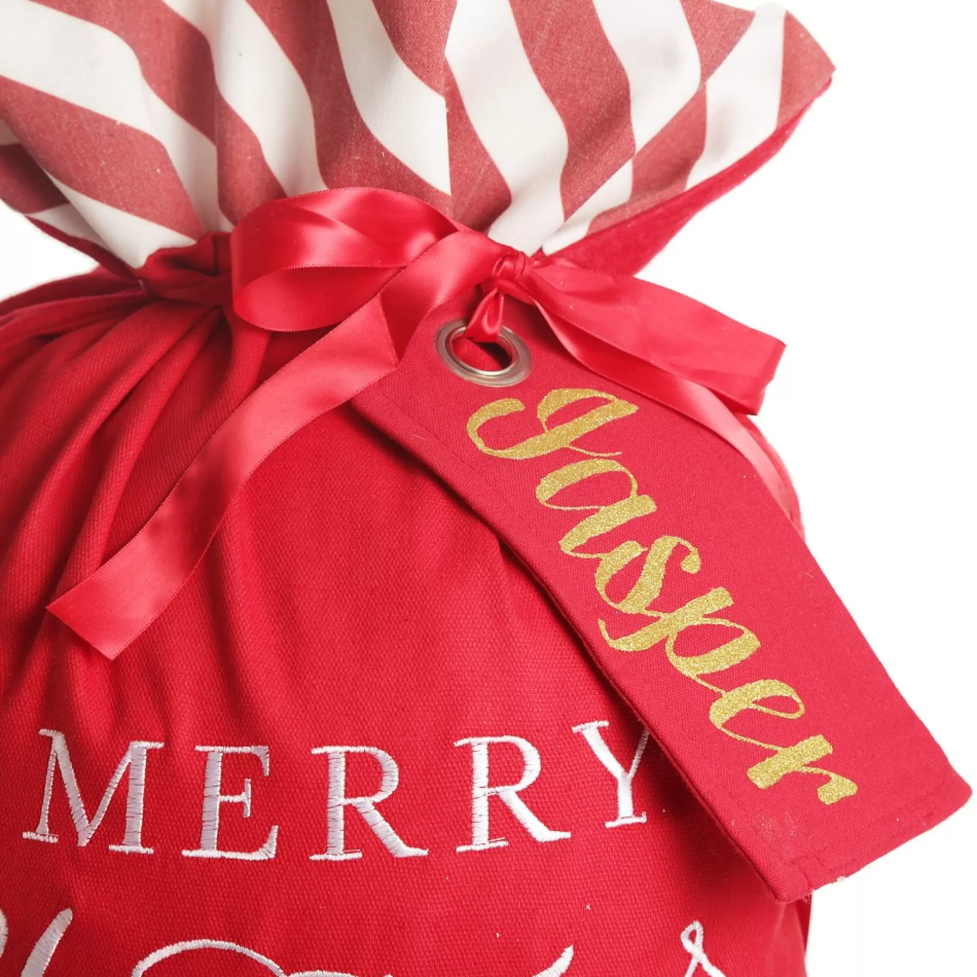 Personalised Red Merry Christmas Santa Sack with Candy Cane Stripe Trim Personalised Santa Sacks |