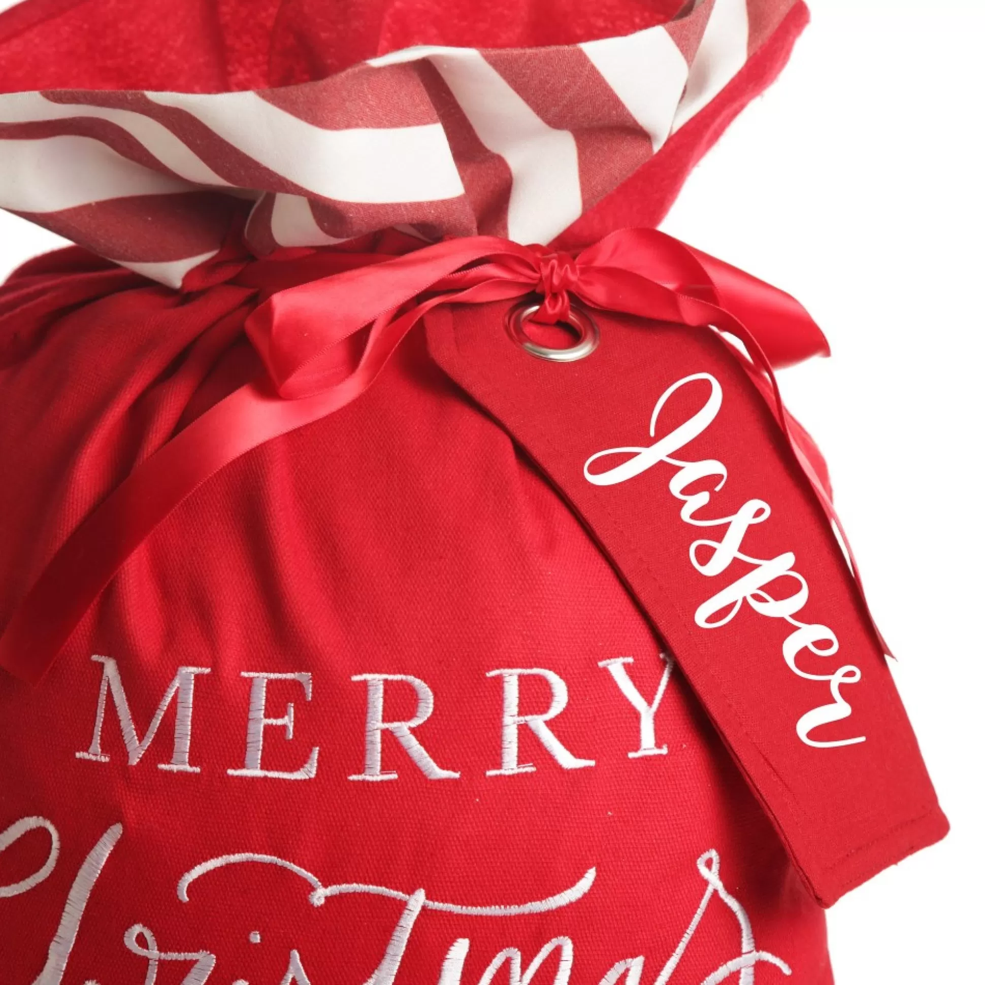 Personalised Red Merry Christmas Santa Sack with Candy Cane Stripe Trim Personalised Santa Sacks |