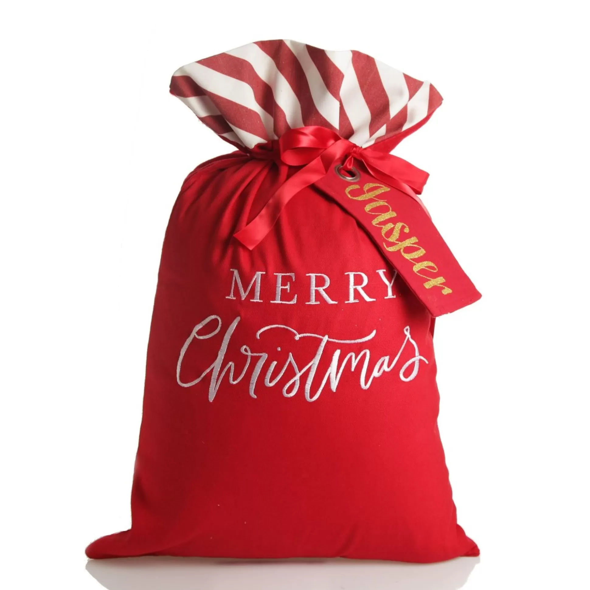 Personalised Red Merry Christmas Santa Sack with Candy Cane Stripe Trim Personalised Santa Sacks |