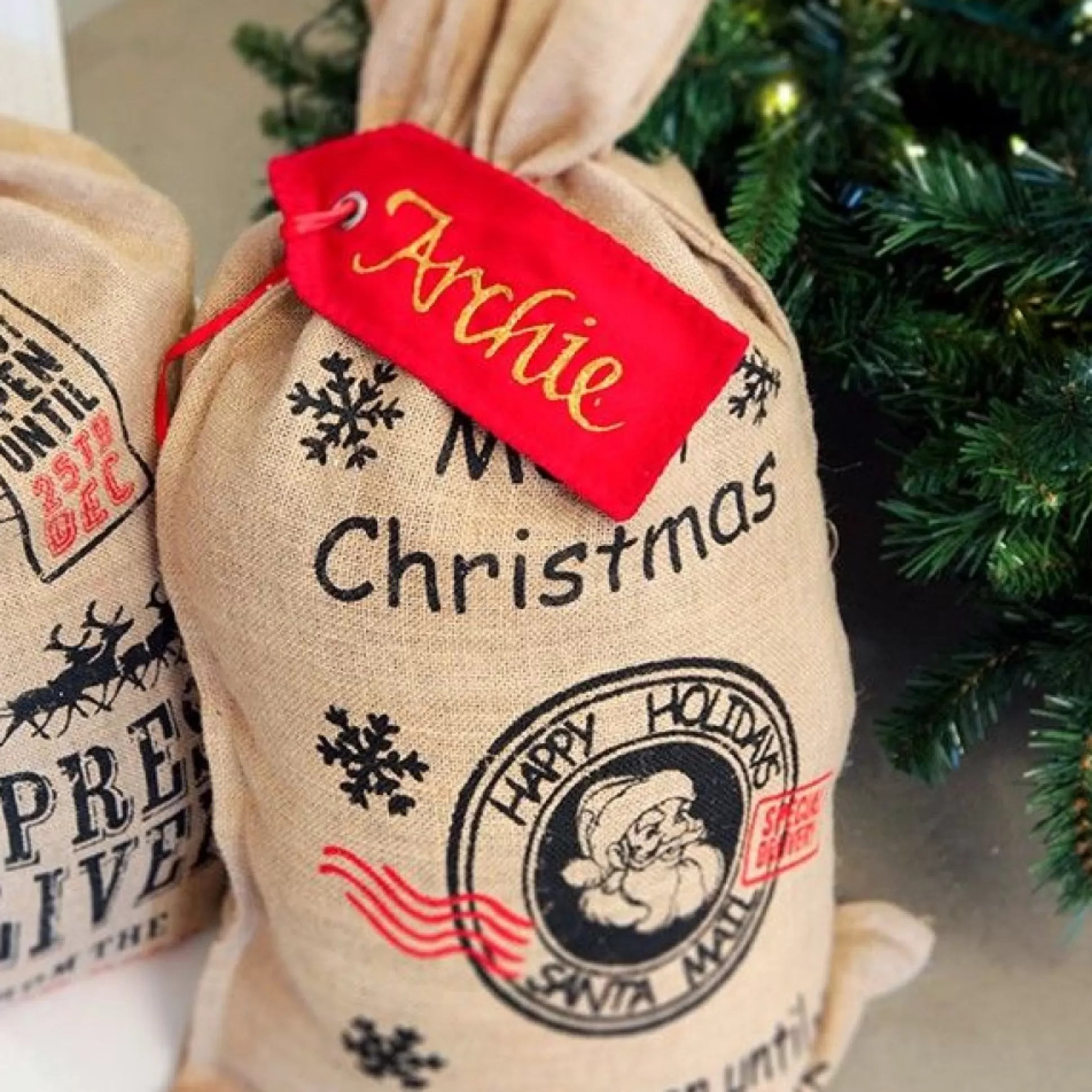 Personalised Red Velvet Santa Sack Tag Personalised Santa Sacks |