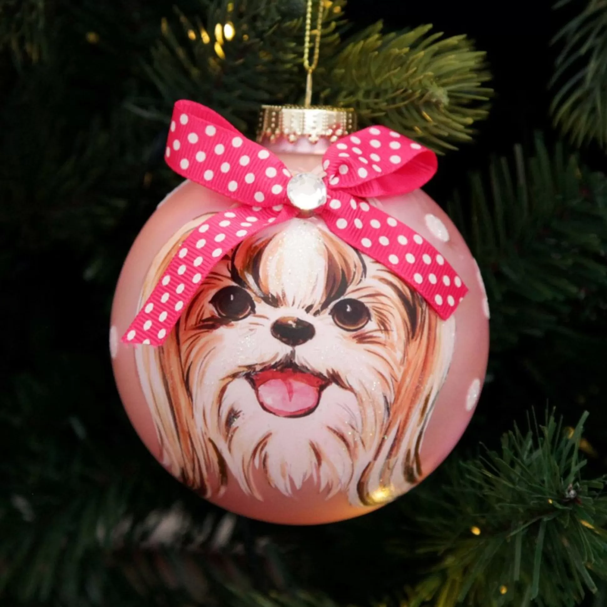 Personalised Shih Tzu Dog with Bow Pink Chrismas Bauble Hand Painted Baubles |