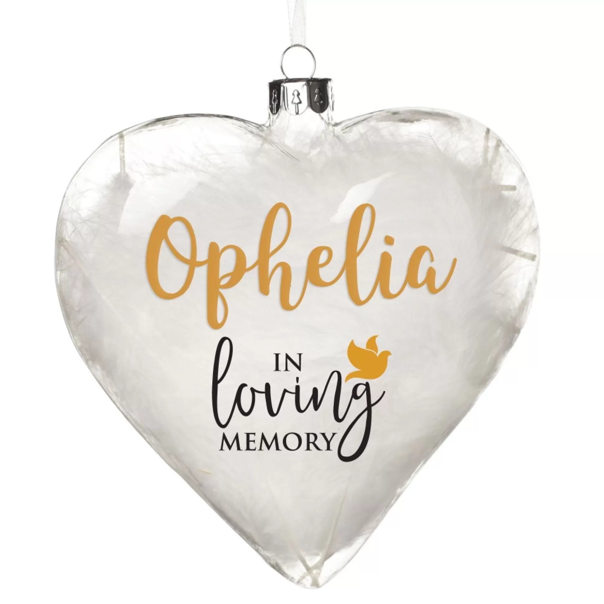 Personalised White Feather Glass Heart - In Loving Memory Memorial Baubles |