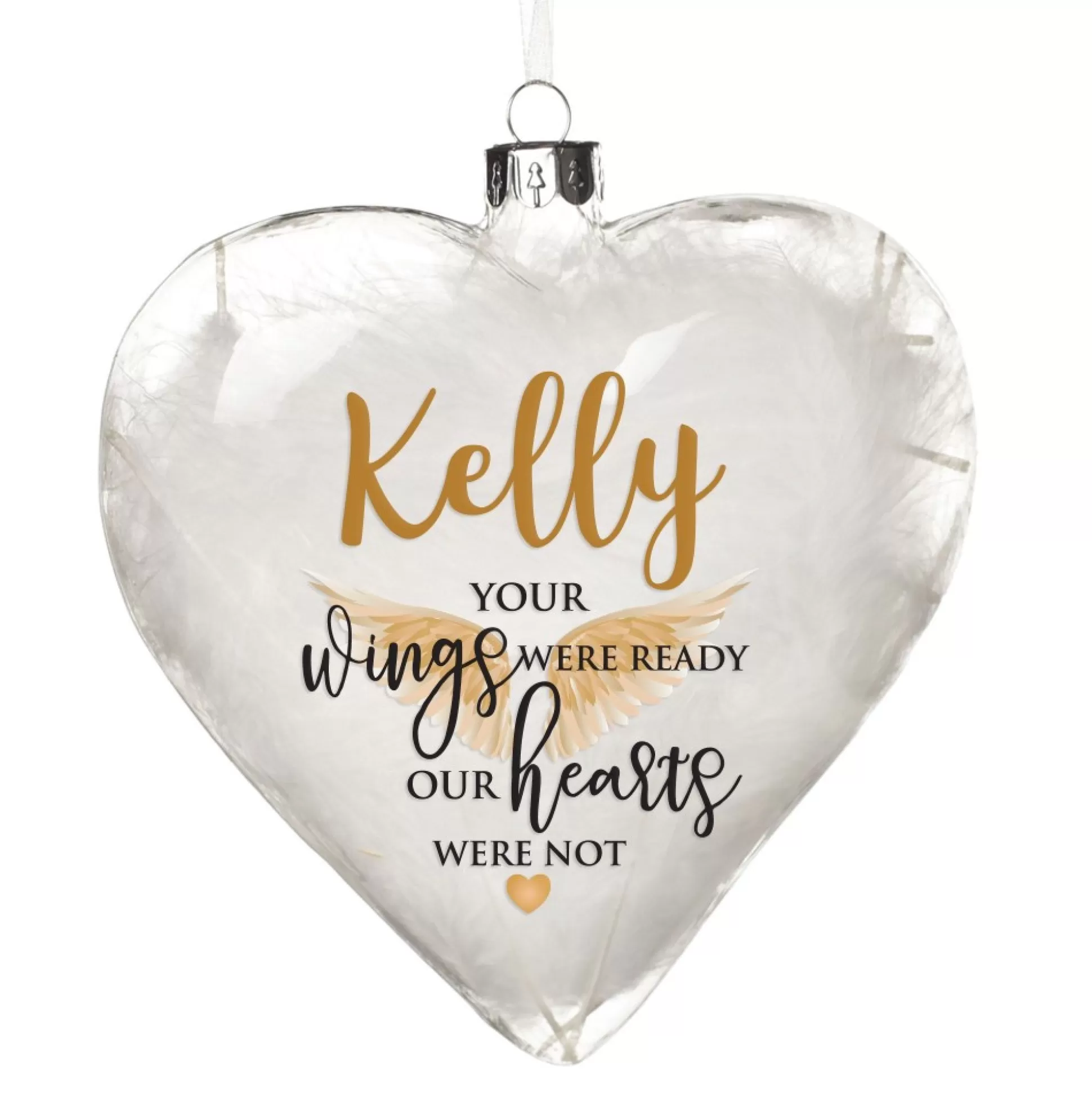 Personalised White Feather Glass Heart - Your Wings Were Ready Memorial Baubles |