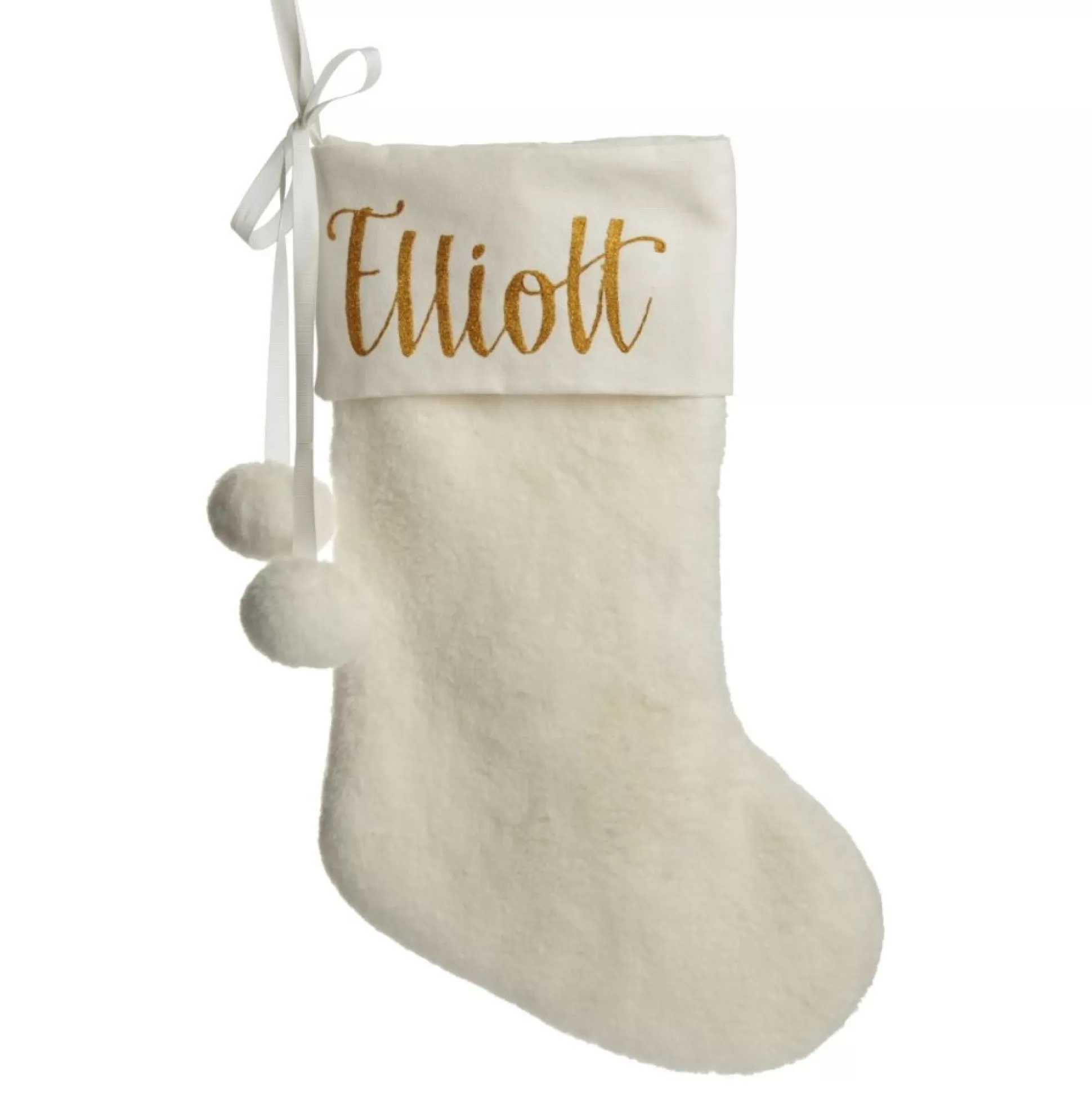 Personalised White Fur Christmas Stocking with Pom Poms Personalised Stockings |