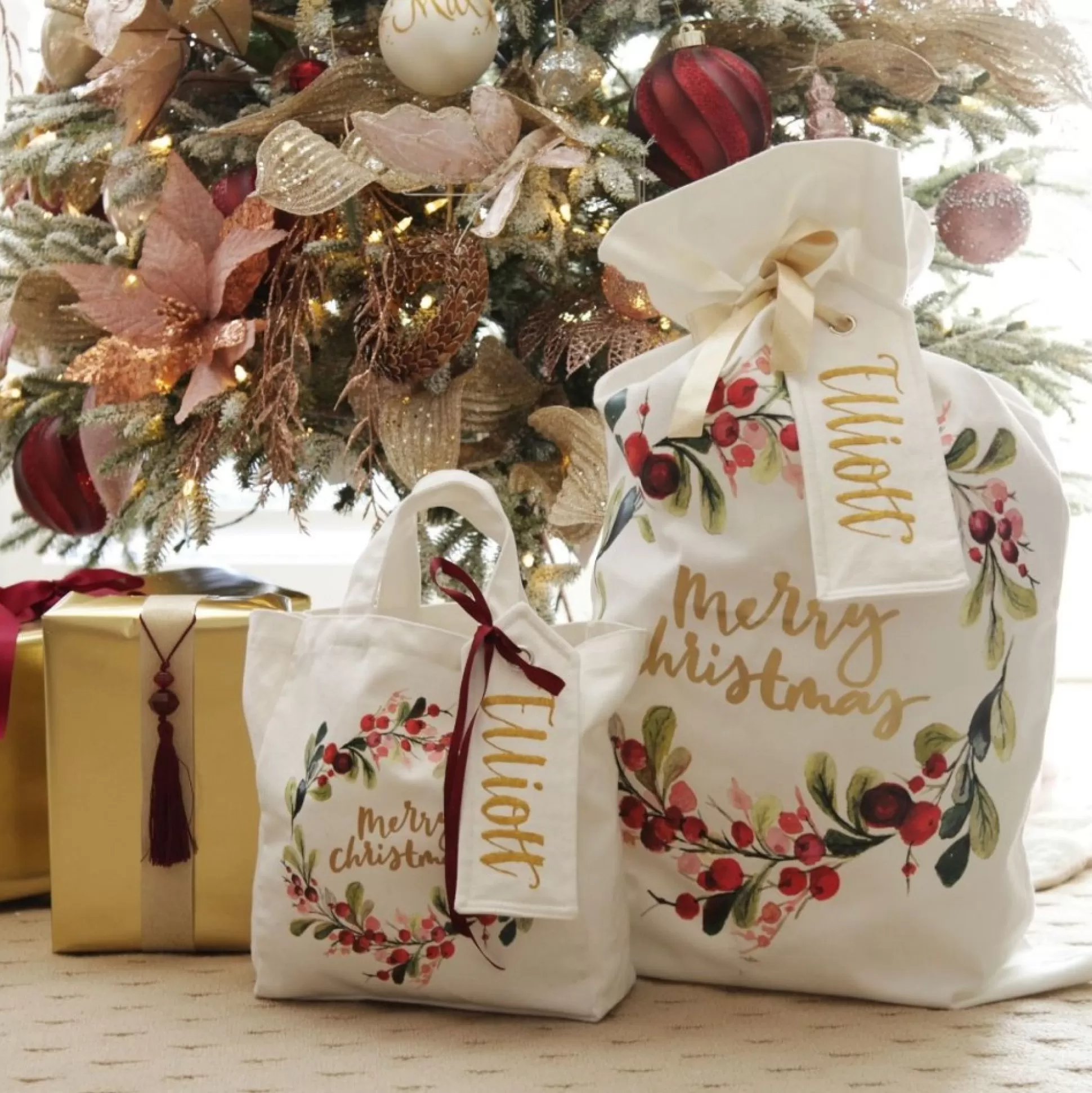 Personalised White Linen Santa Sack Tag Small Personalised Santa Sacks |
