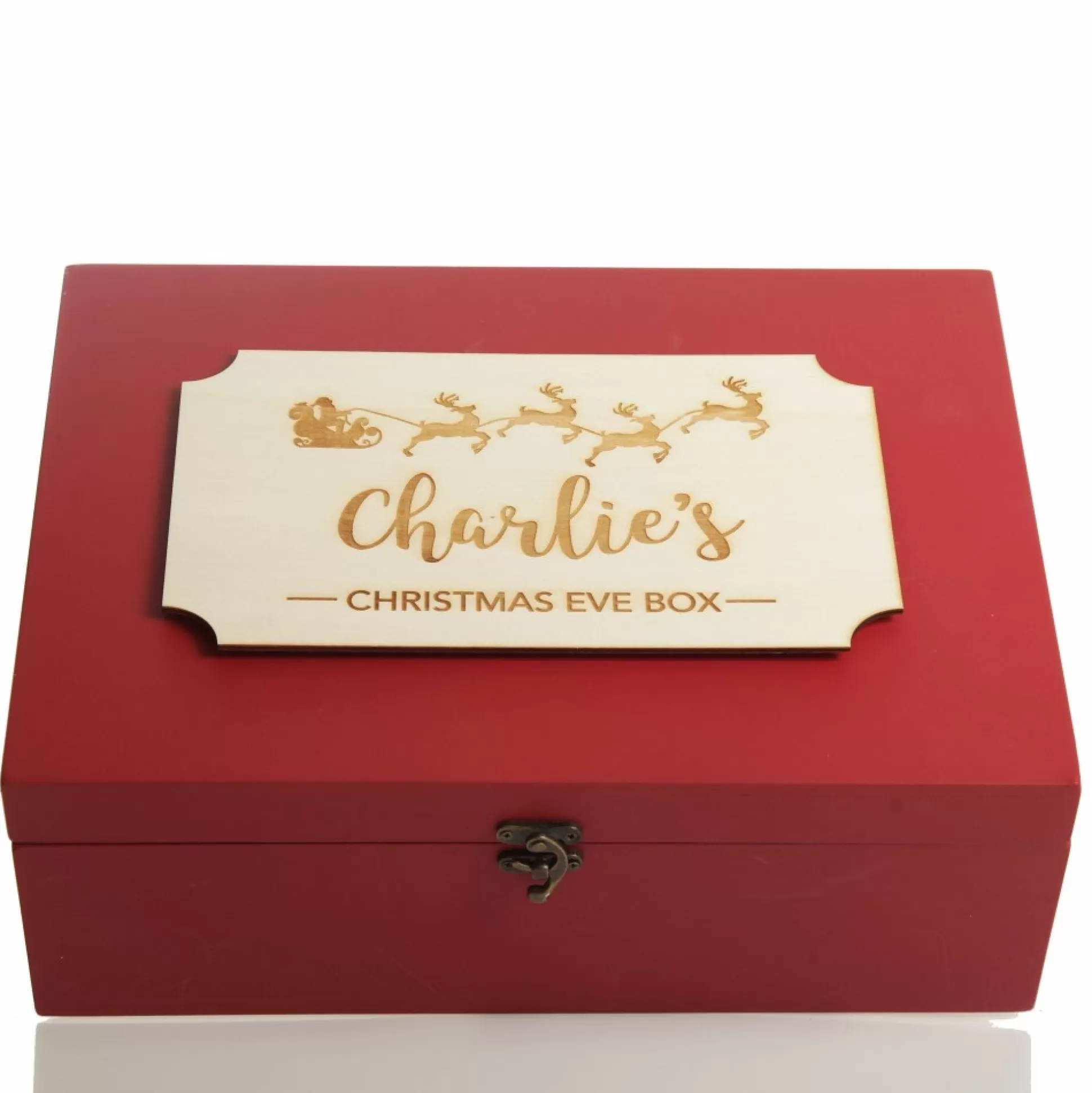 Personalised Wooden Christmas Eve Box with Santa Sleigh Plaque Christmas Eve Keepsake Boxes |