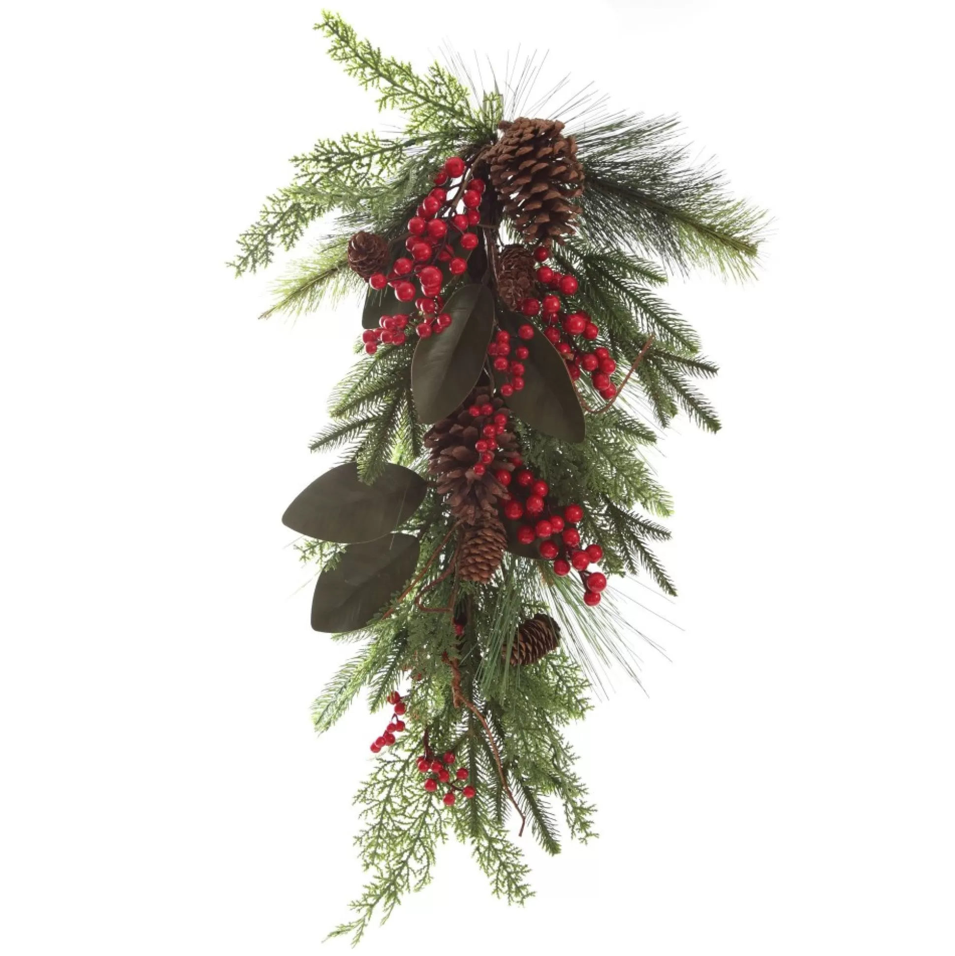 Pinecone and Red Berry Mixed Leaf Christmas Teardrop Swag Christmas Wreaths |