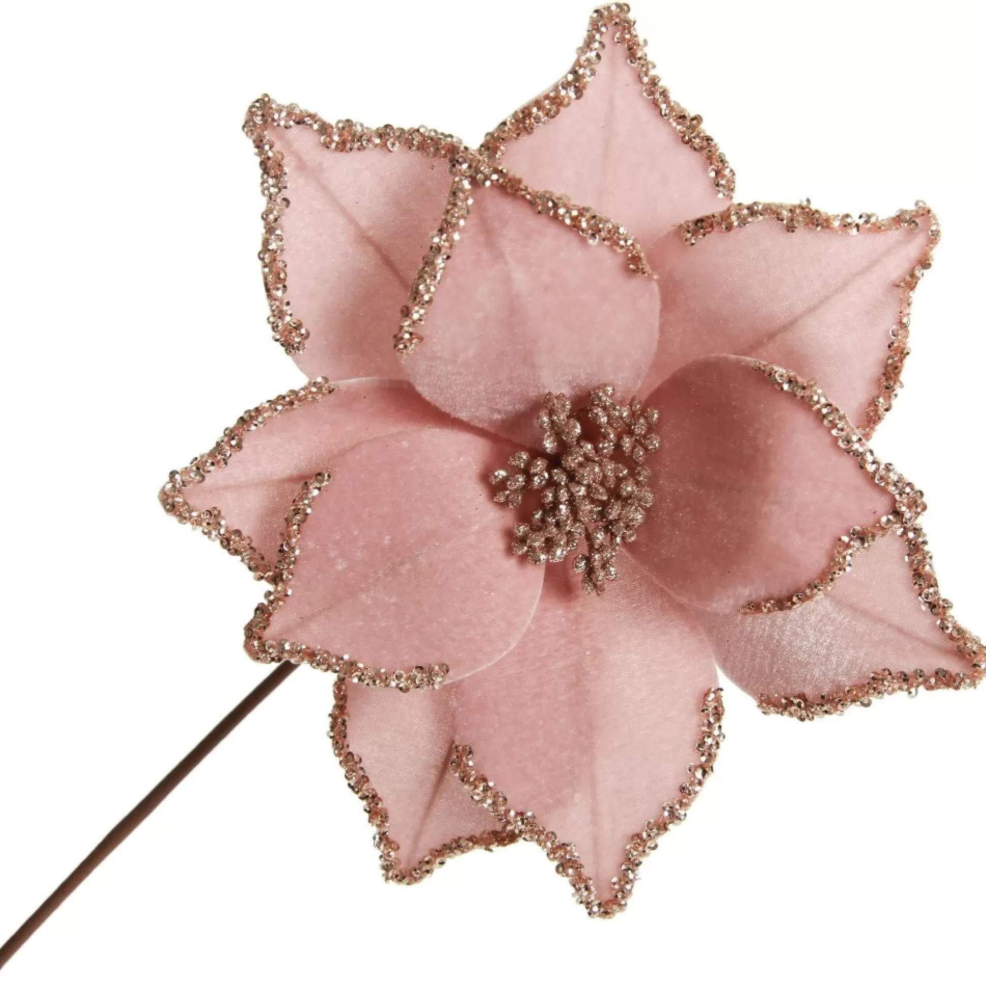 Pink Velour Poinsettia Flower Stem with Glitter Edge Christmas Flowers |