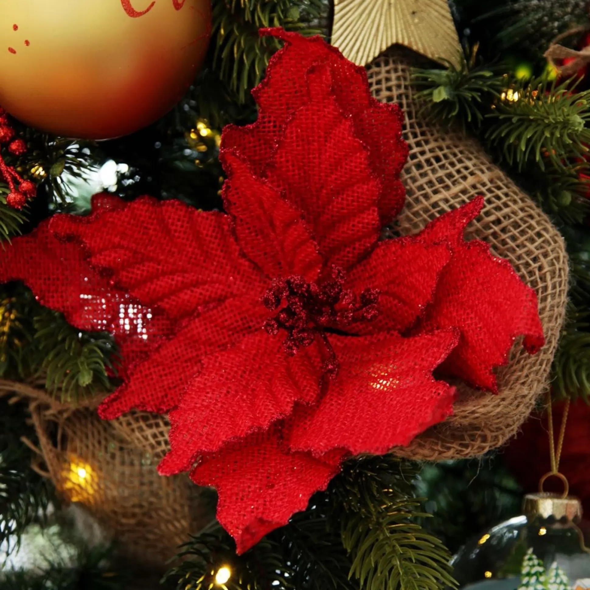 Red Burlap Flower Pick Red Glitter Trim Christmas Flowers |