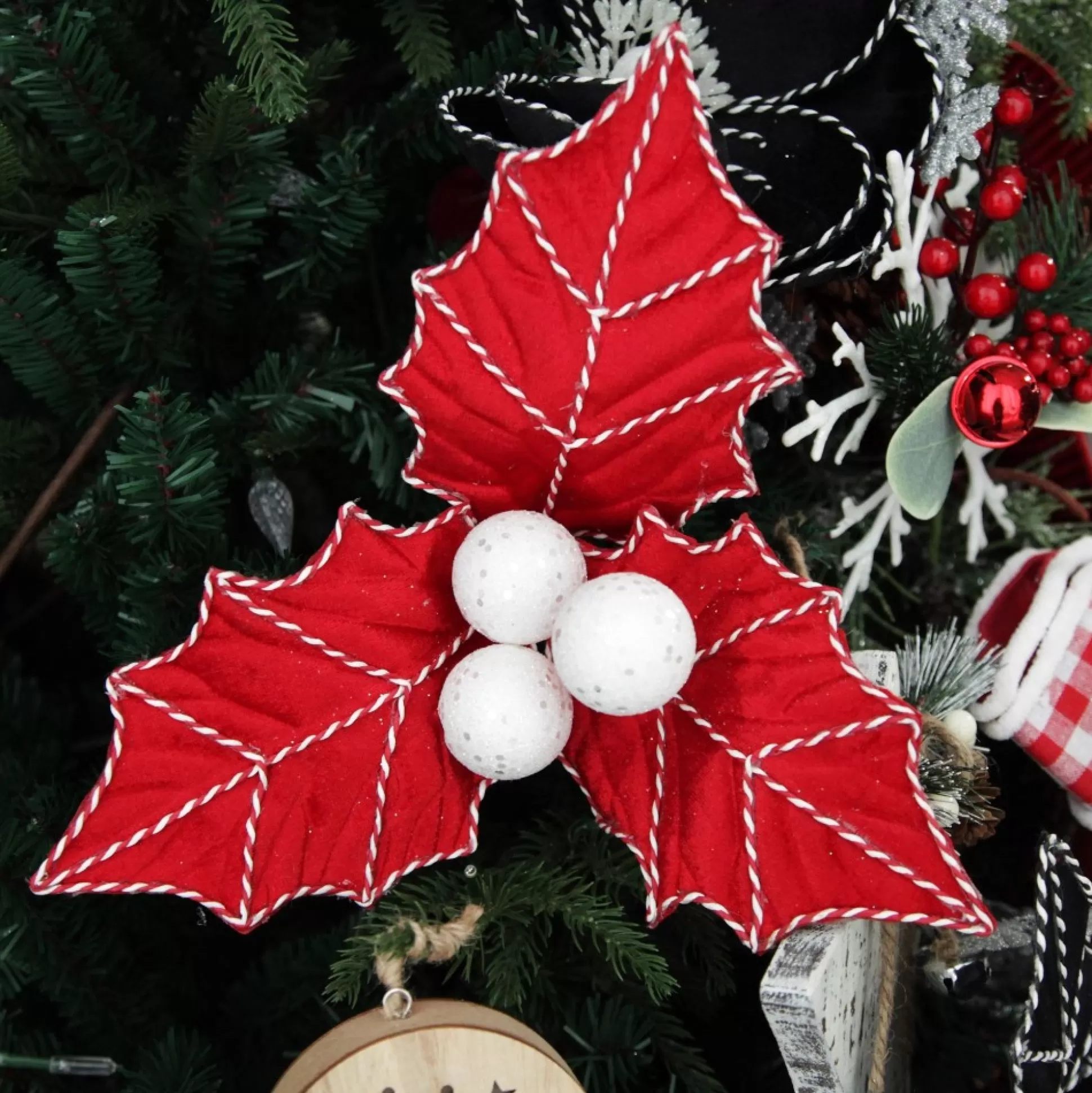 Red Christmas Holly Leaf Clip with Twine Trim Christmas Flowers |