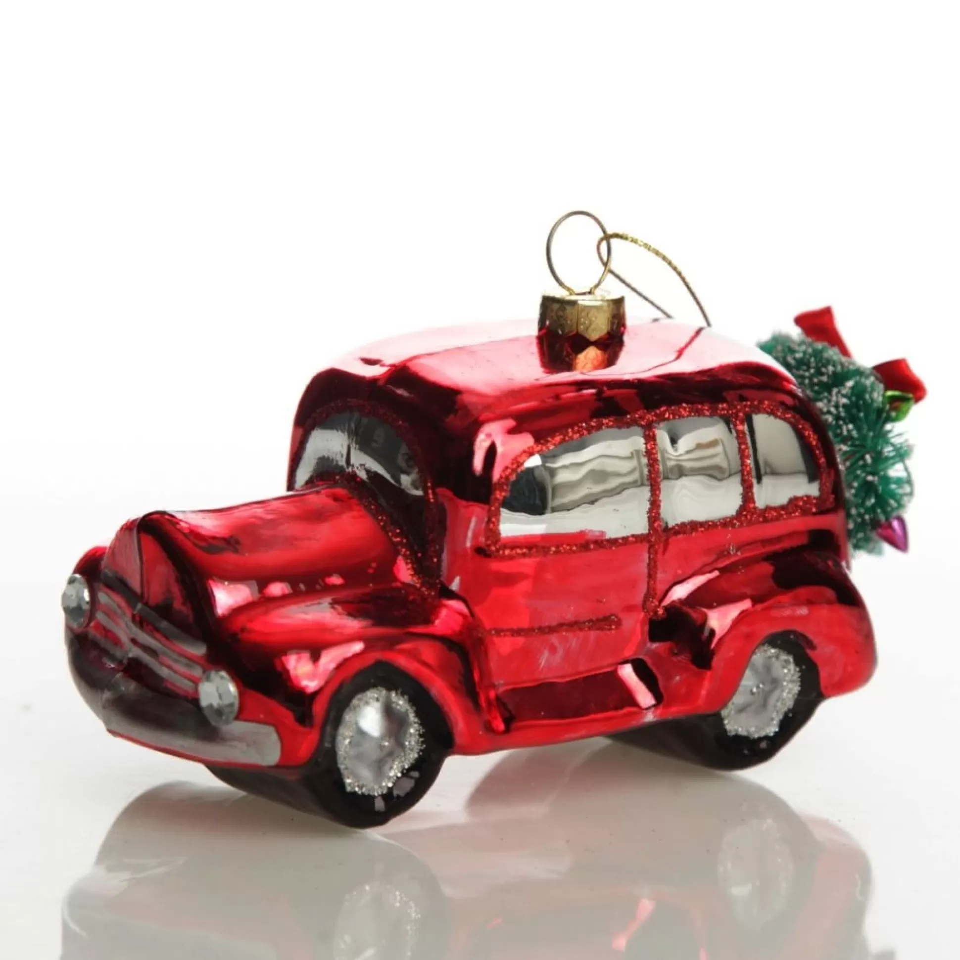 Red Glass Car with Christmas Wreath Tree Decoration Christmas Tree Decorations |