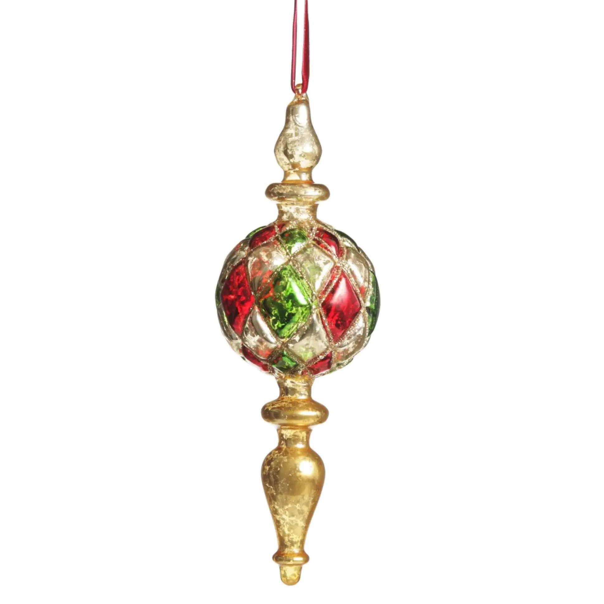 Red, Green and Gold Diamond Pressed Glass Christmas Finial Finials And Drops |