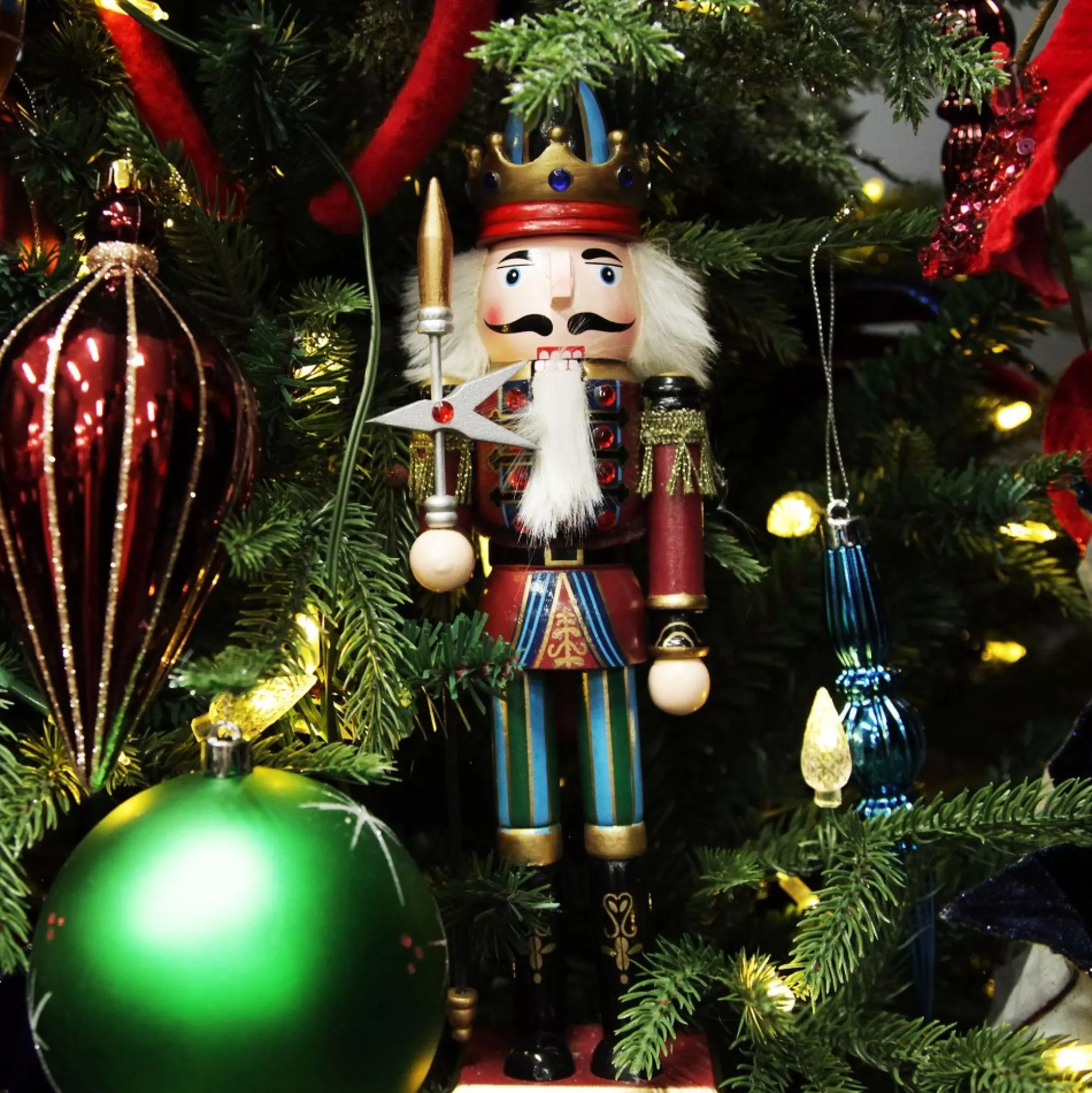 Red Jacket Nutcracker with Staff Christmas Ornament - Large Christmas Nutcrackers |