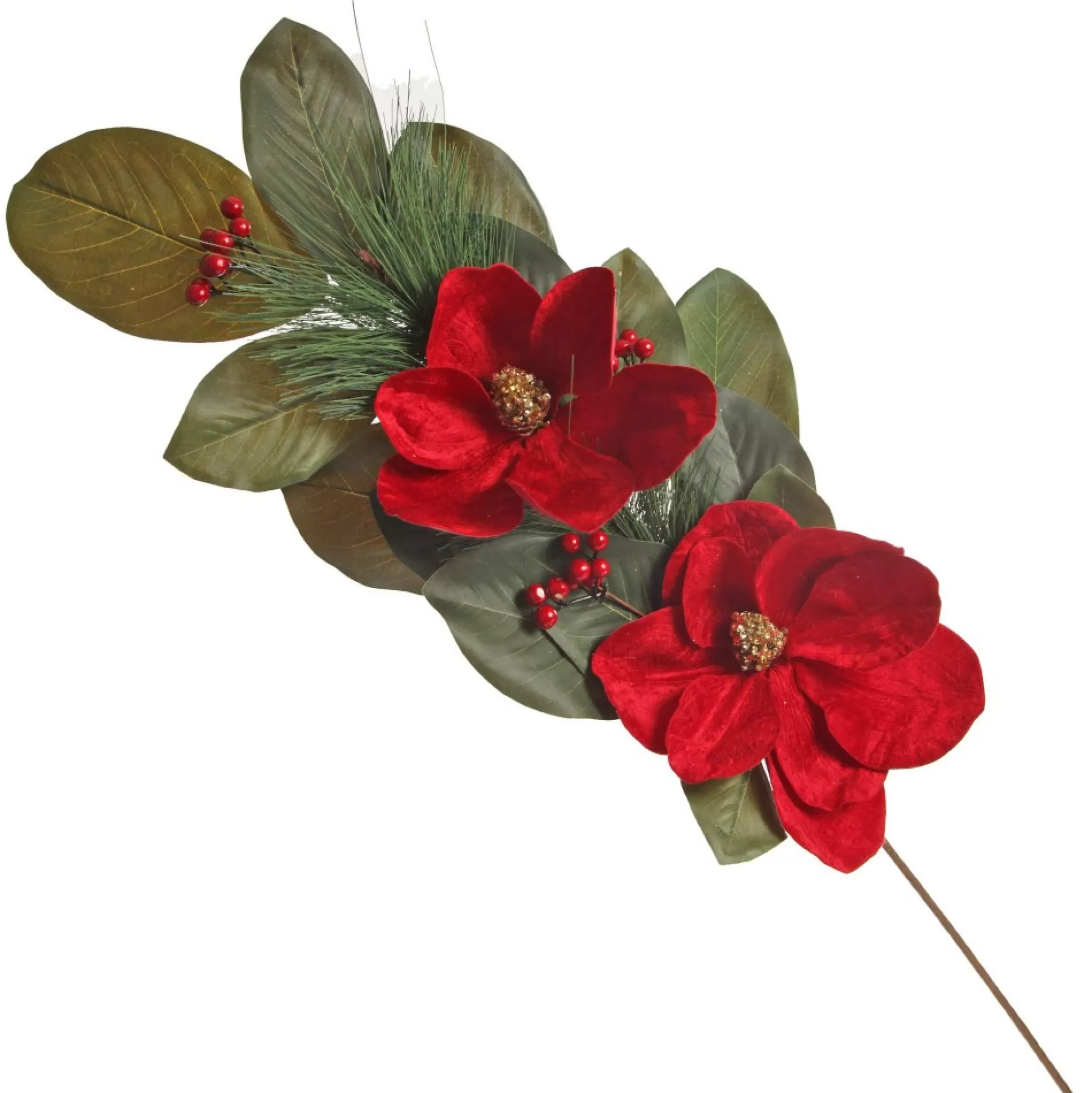 Red Magnolia Flower Green Leaf and Pine Christmas Spray Christmas Sprays |