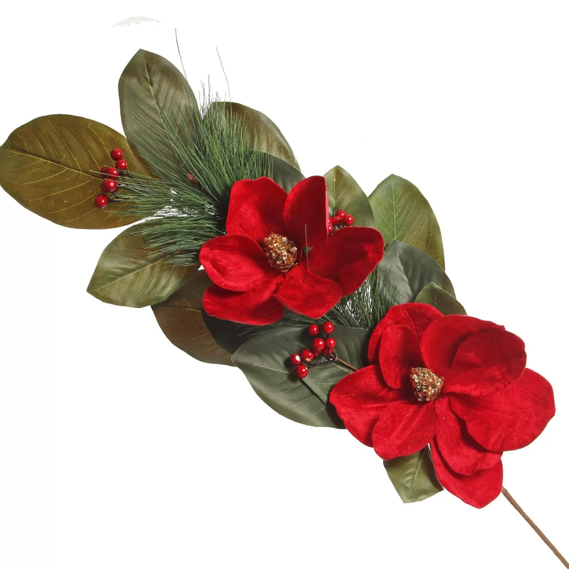 Red Magnolia Flower Green Leaf and Pine Christmas Spray Christmas Sprays |